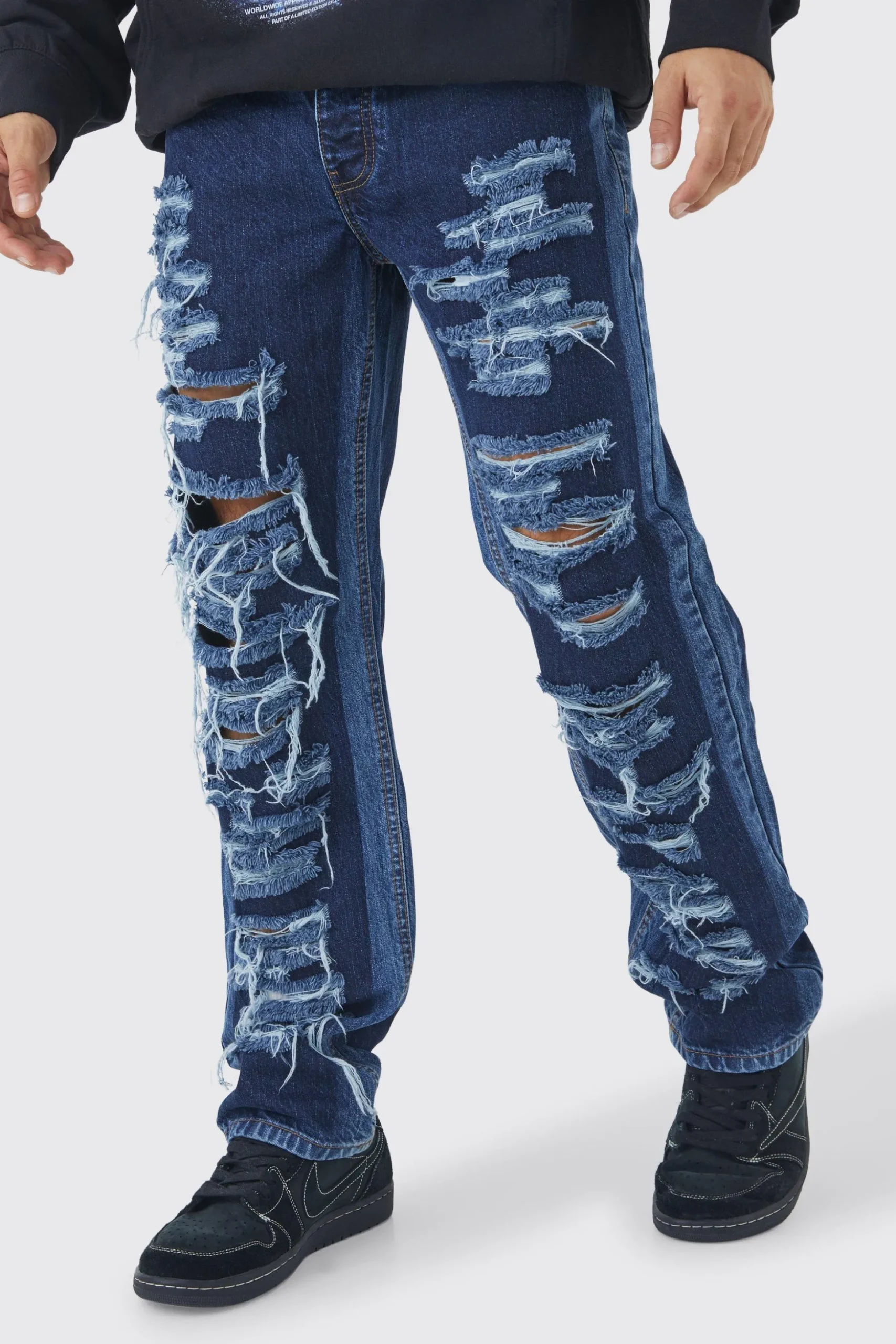 Relaxed Rigid Multi Rip Panelled Jean | BoohooMAN UK
