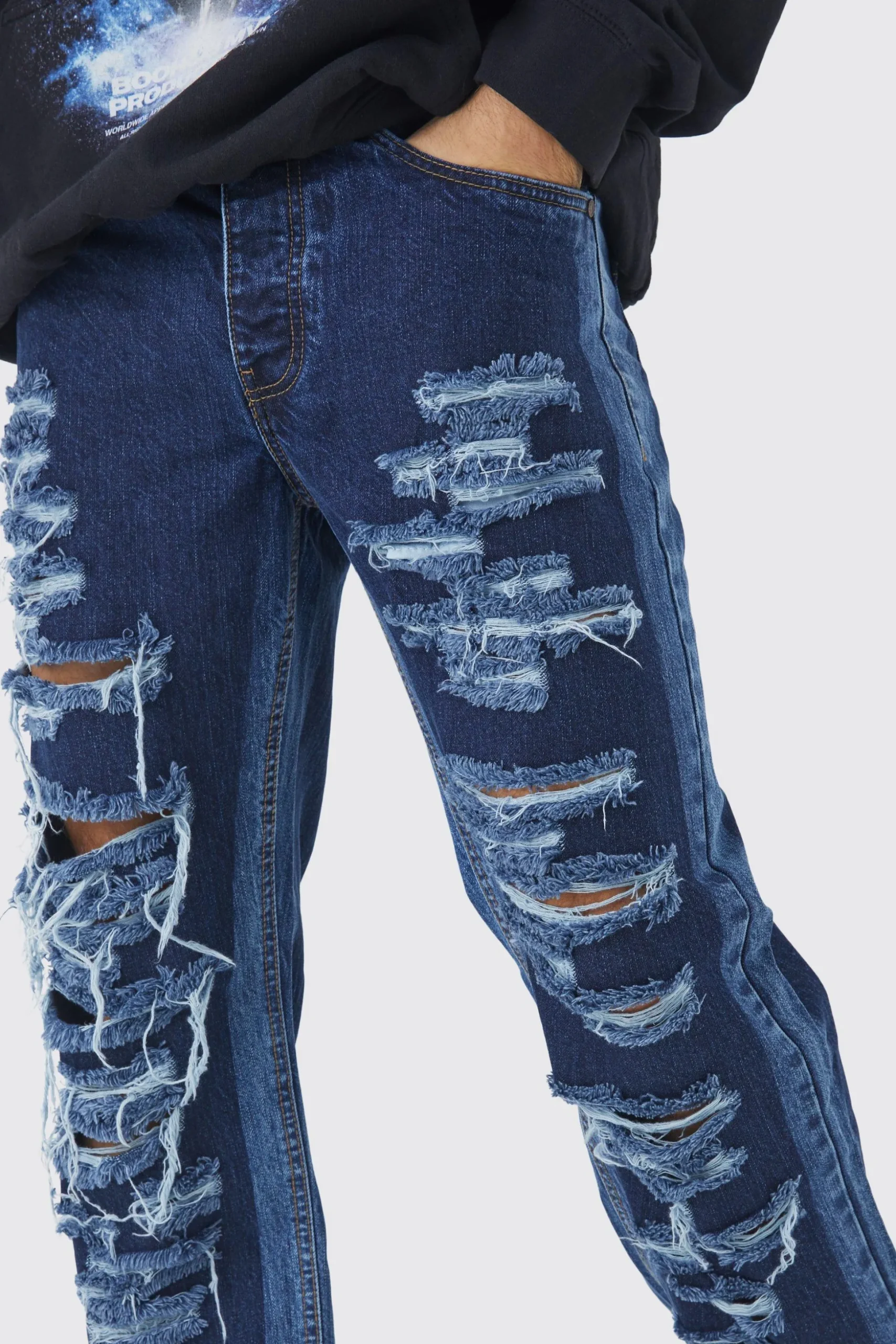 Relaxed Rigid Multi Rip Panelled Jean | BoohooMAN UK