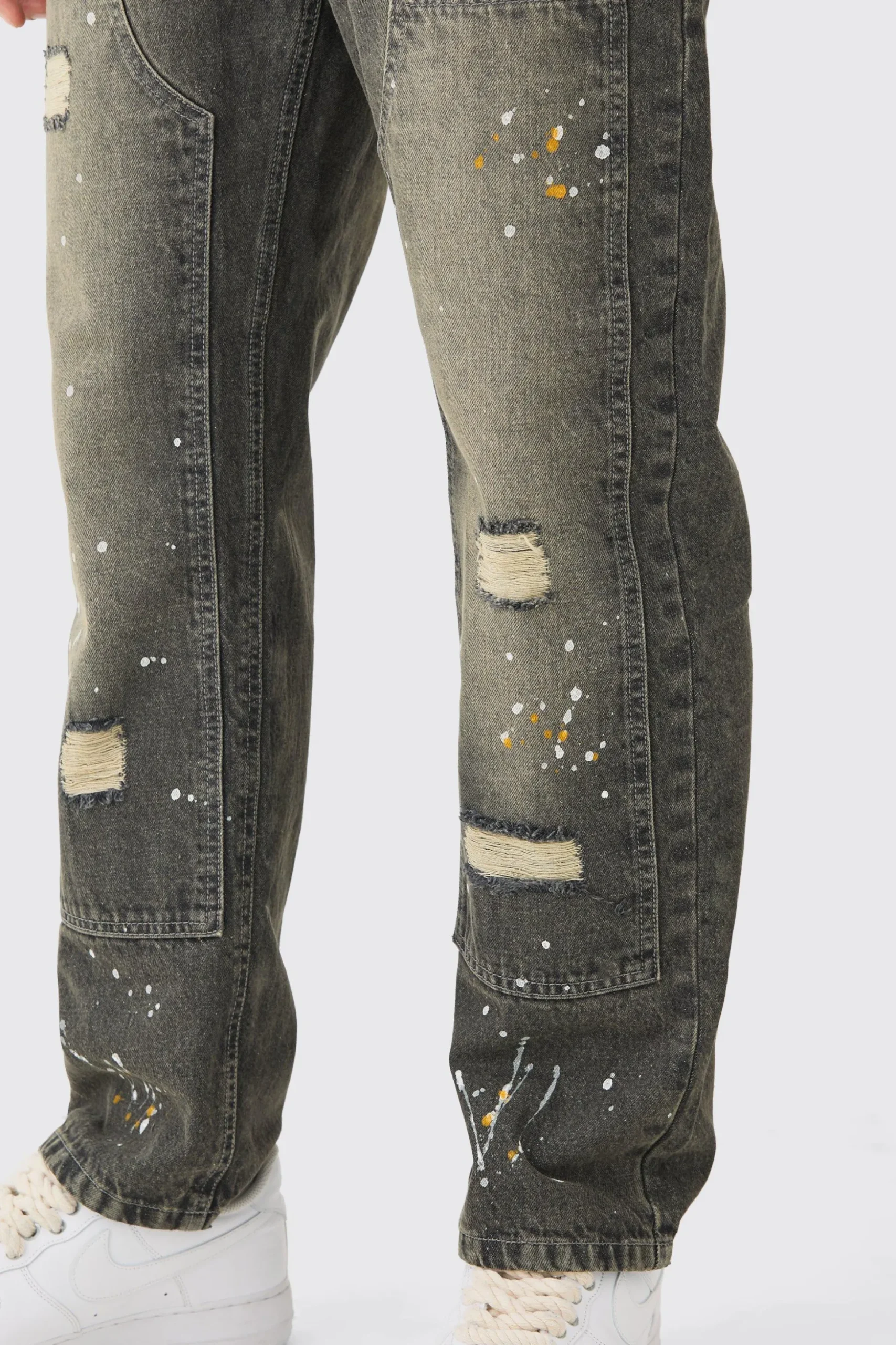 Relaxed Rigid Ripped Carpenter Paint Splatter Jeans In Antique Grey | BoohooMAN UK