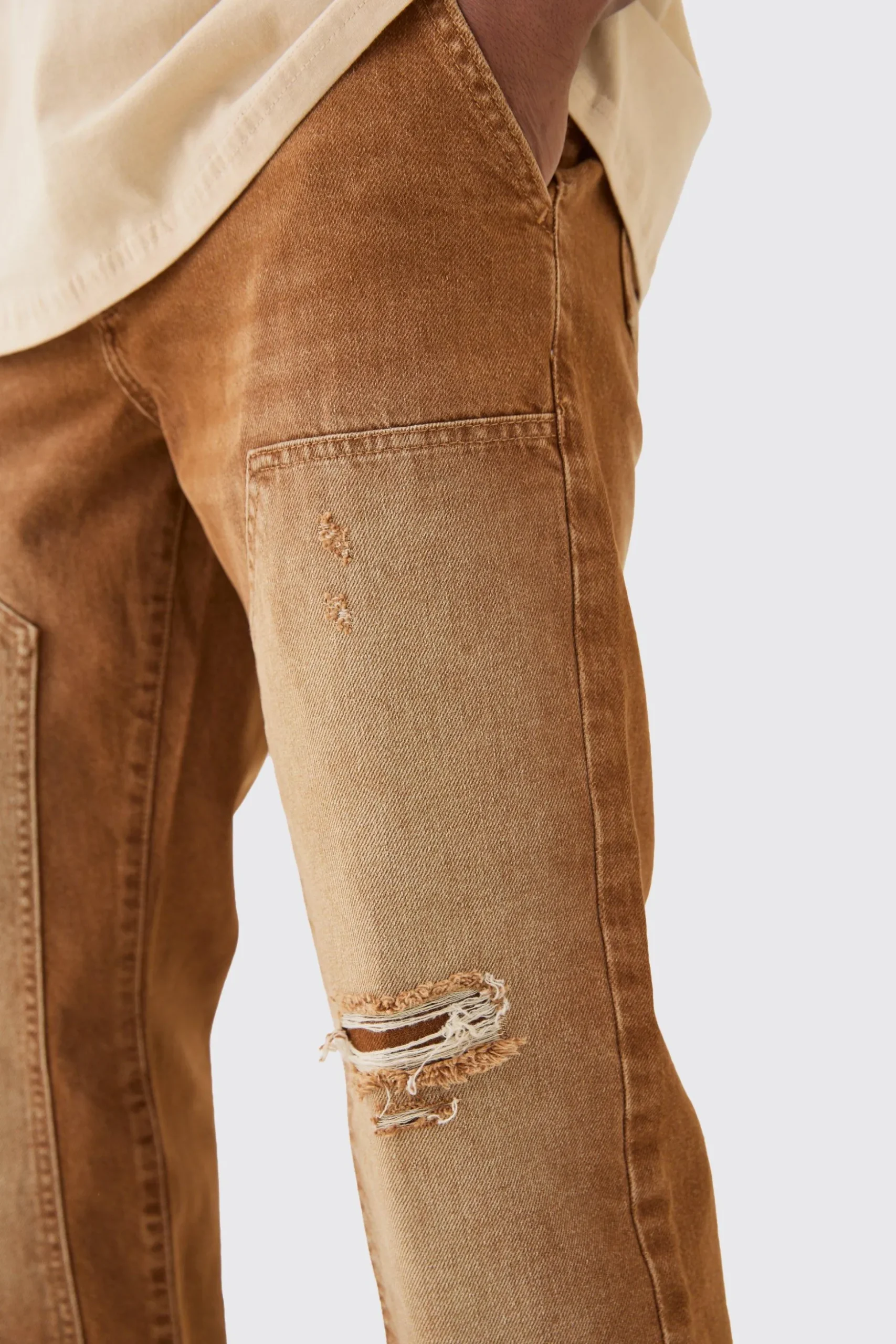 Relaxed Rigid Ripped Carpenter Denim Jean In Brown | BoohooMAN UK