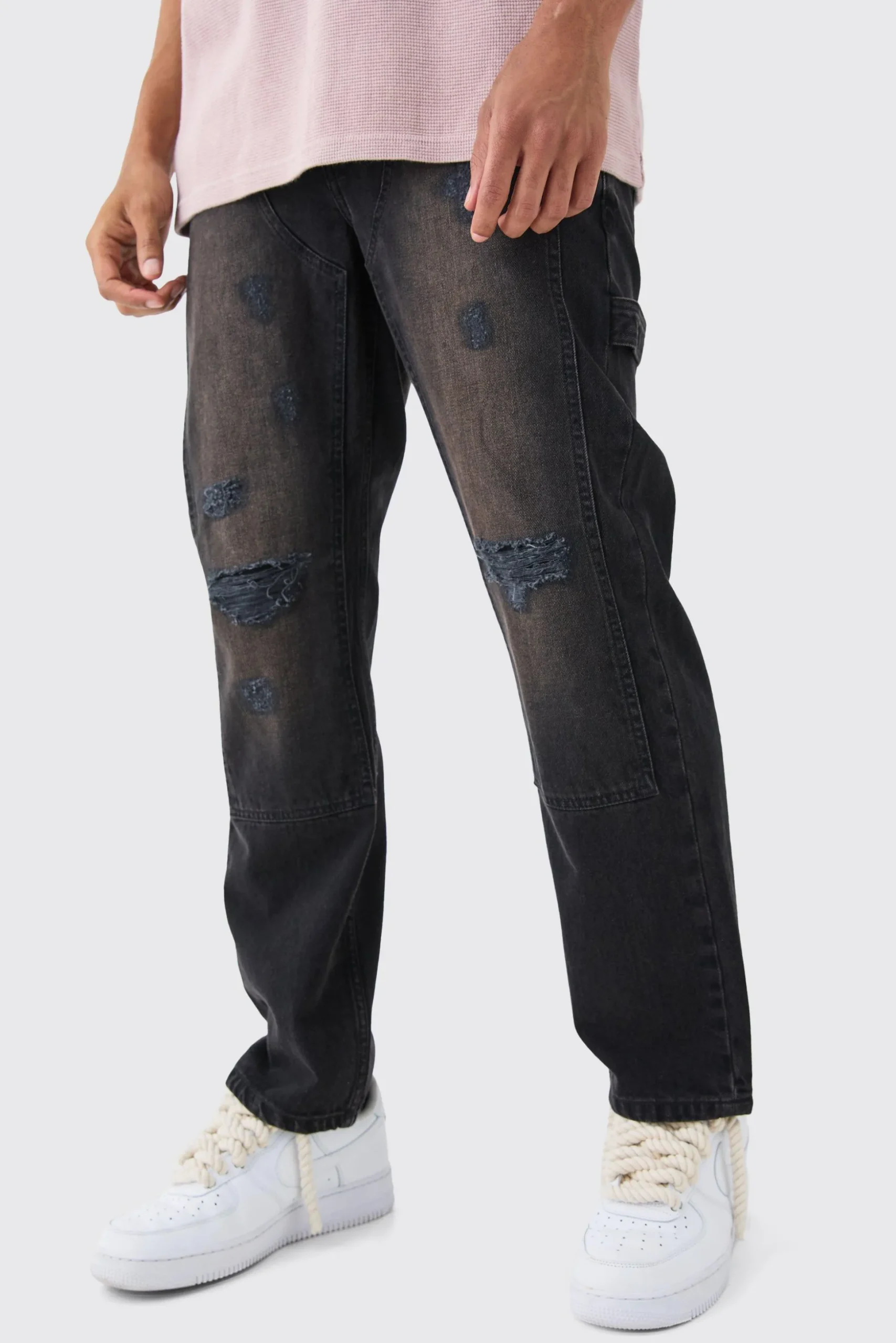 Relaxed Rigid Ripped Knee Carpenter Jeans In Washed Black | BoohooMAN UK