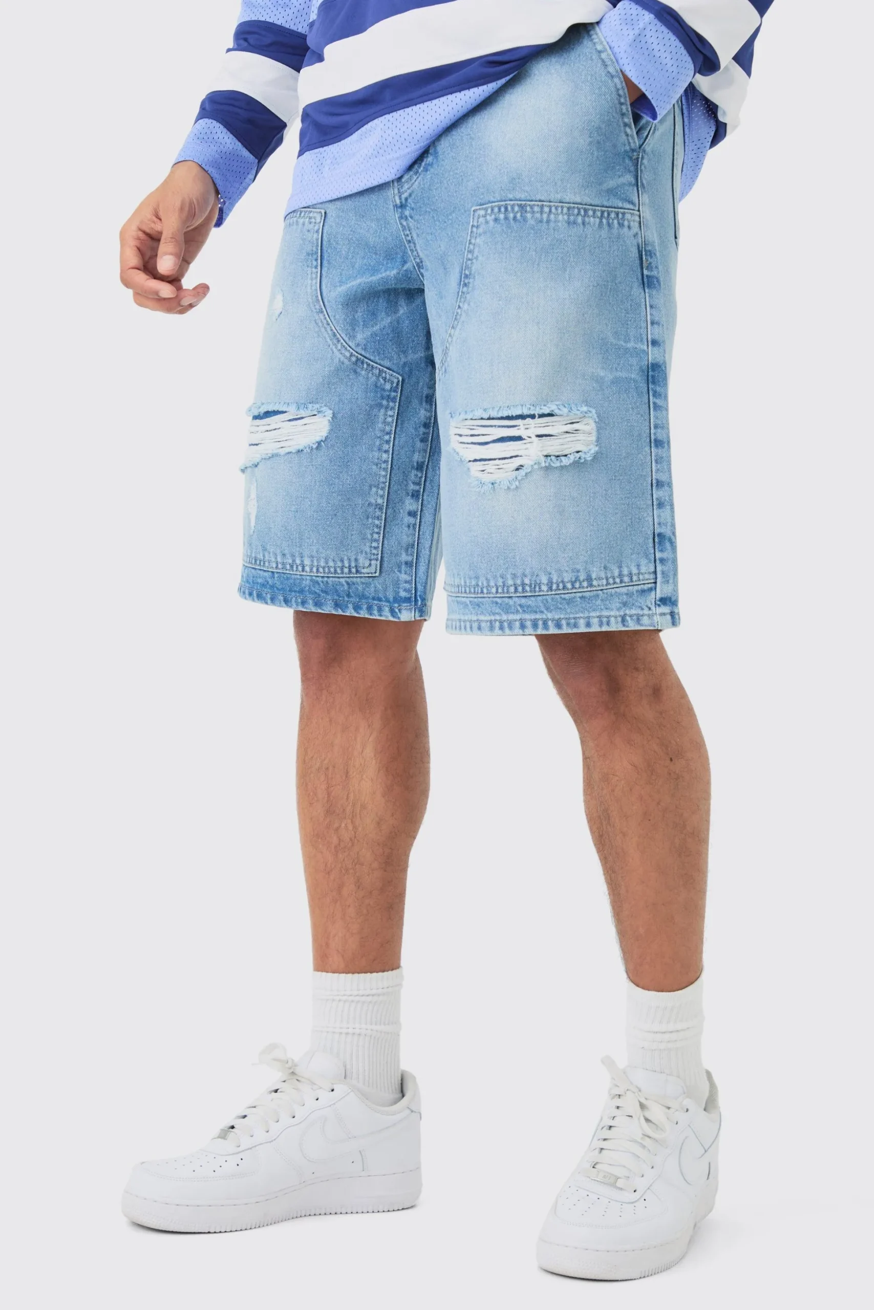 Relaxed Rigid Rippped Carpenter Denim Jort In Light Blue | BoohooMAN UK