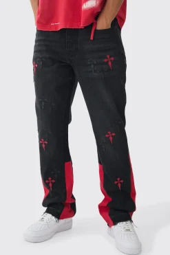Relaxed Rigid Tinted Wash Star Pu Applique Jeans | BoohooMAN UK