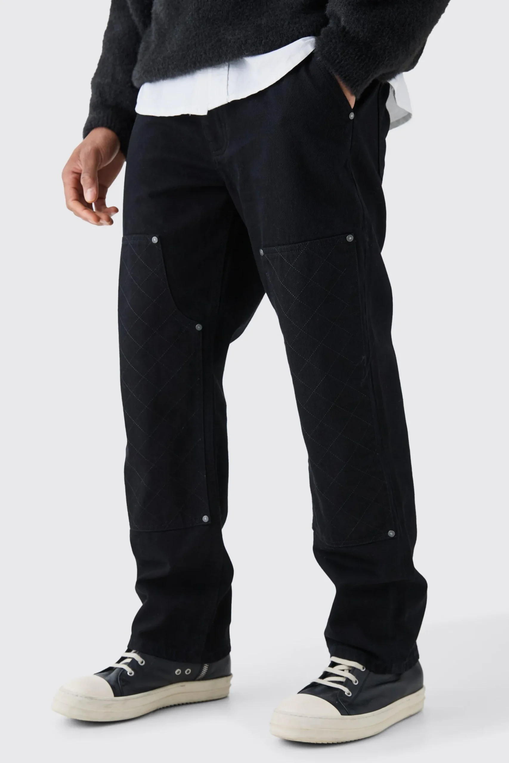 Relaxed Rigid Top Stitch Detail Carpenter Jean In Black | BoohooMAN UK