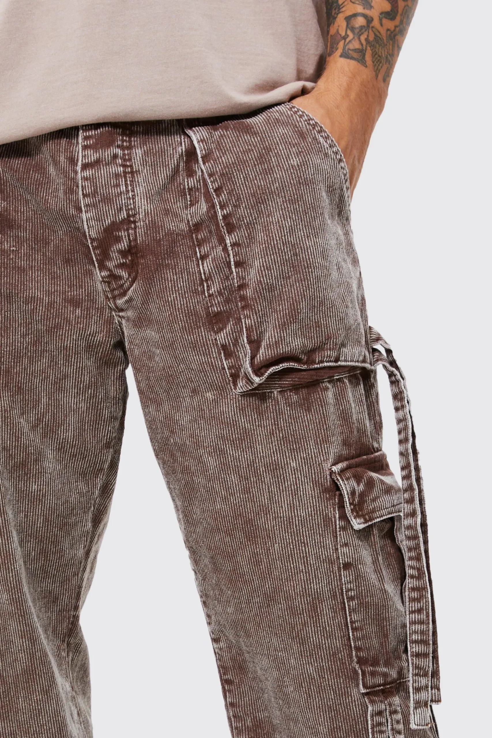 Relaxed Strap Detail Acid Wash Corduroy Trousers | BoohooMAN UK