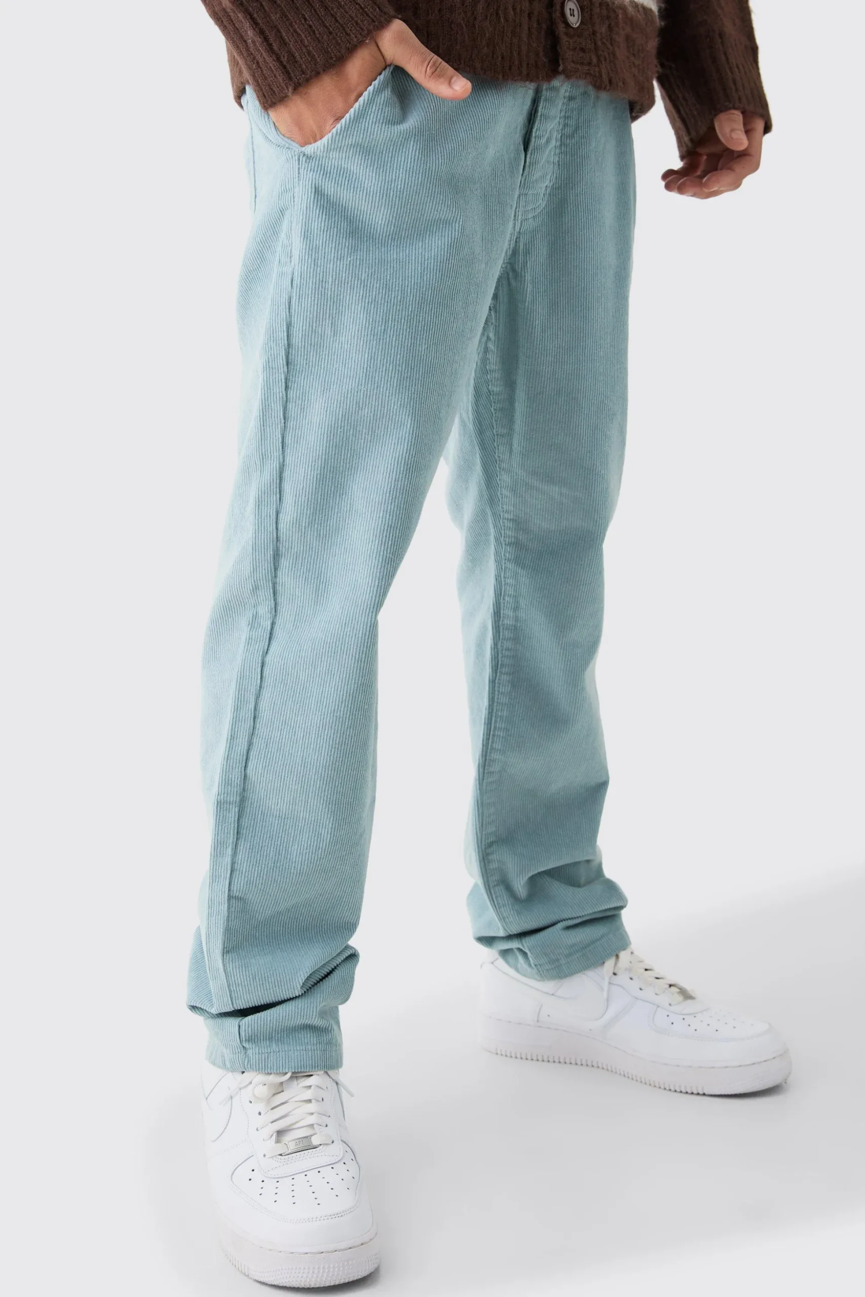 Relaxed Tapered Cord Trouser In Slate | BoohooMAN UK