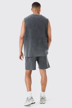Relaxed Washed Heavyweight Waffle Shorts | BoohooMAN UK