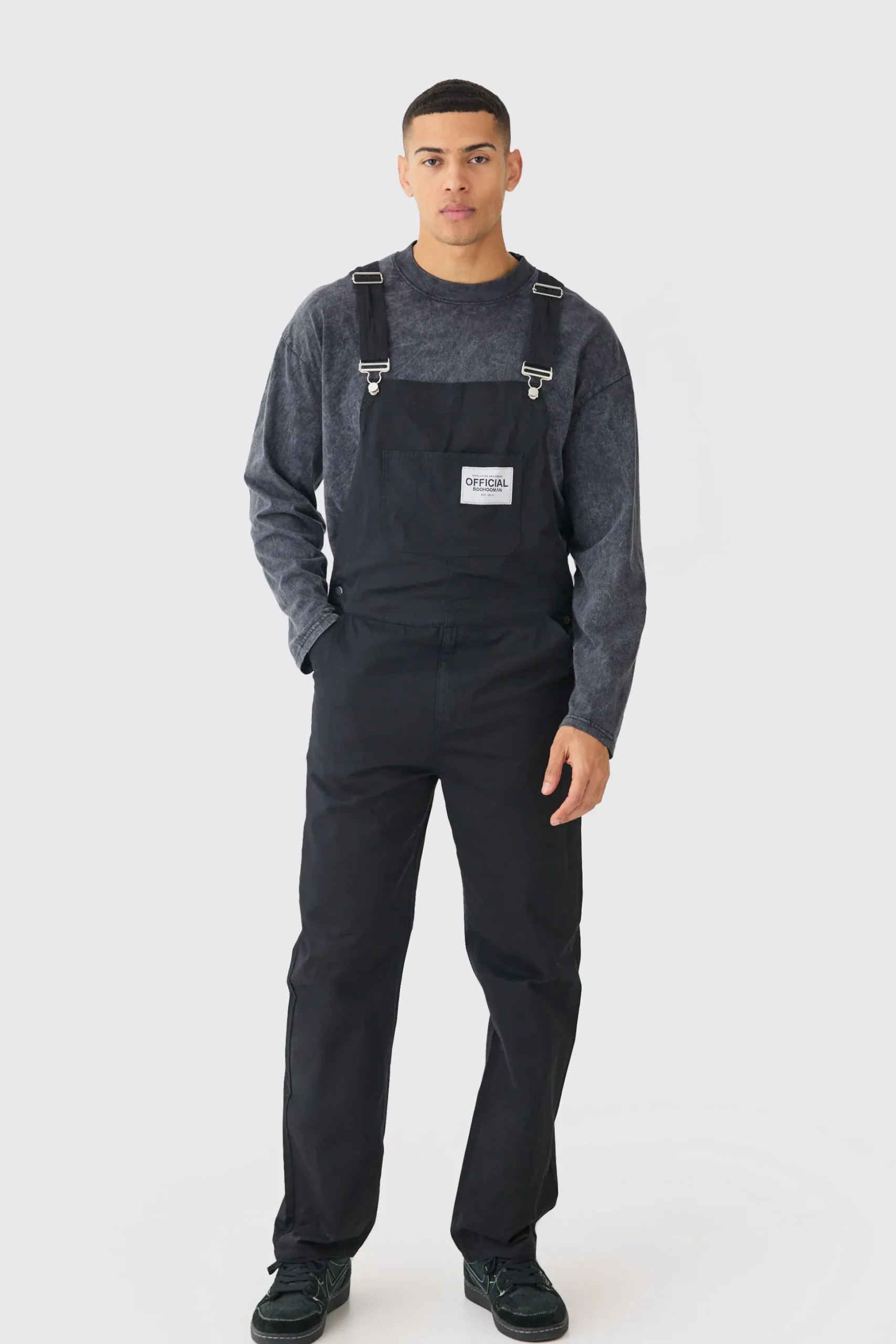 Relaxed Washed Twill Official Dungarees | BoohooMAN UK