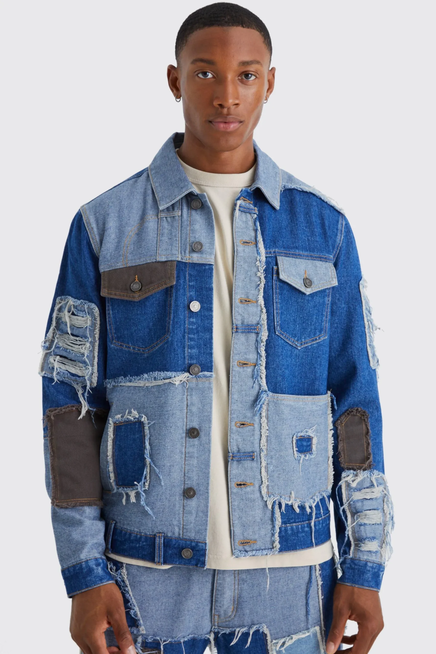 Re-purposed Patchwork Denim Jacket | BoohooMAN UK