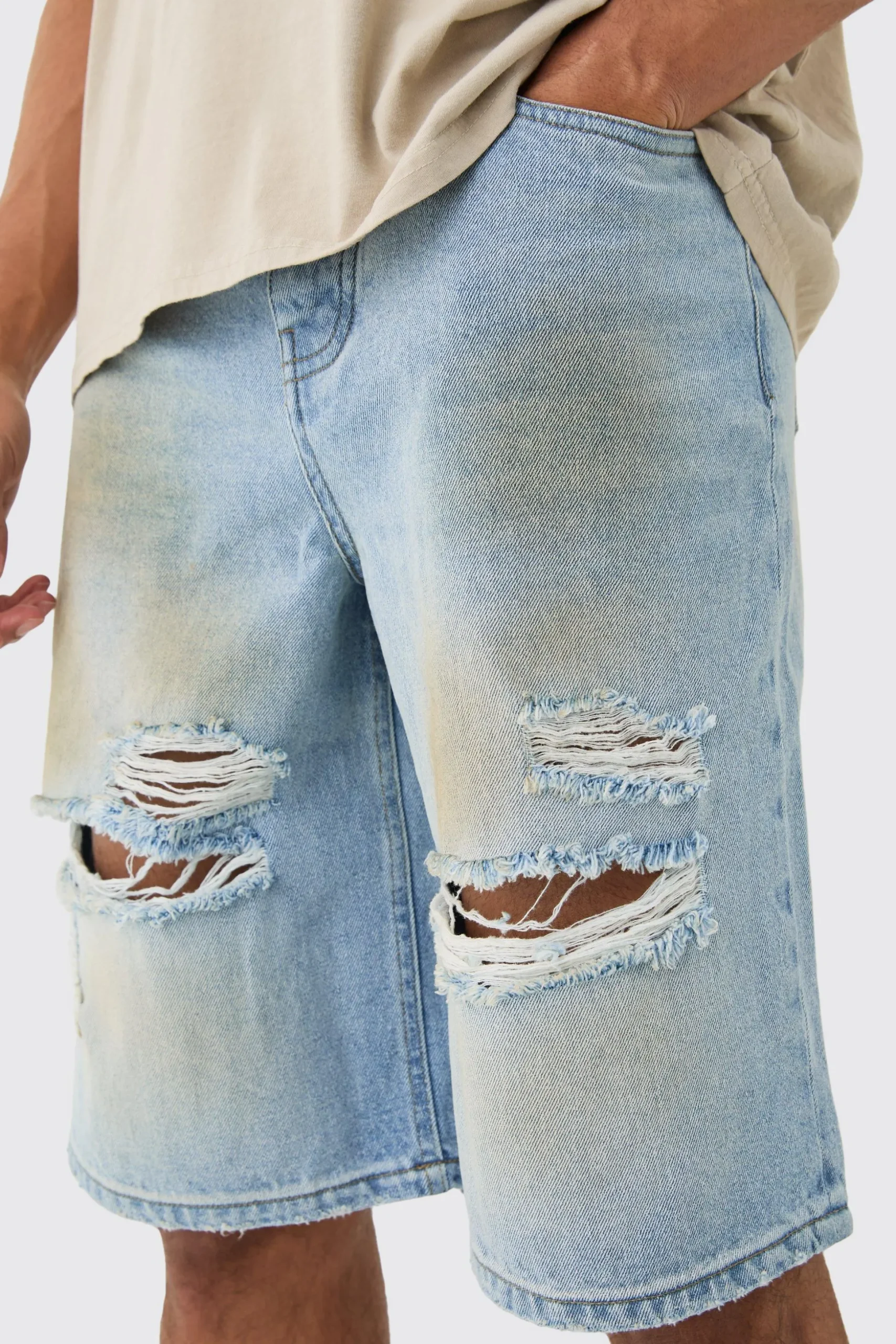 Ripped Dirty Wash Denim Jorts In Light Blue | BoohooMAN UK