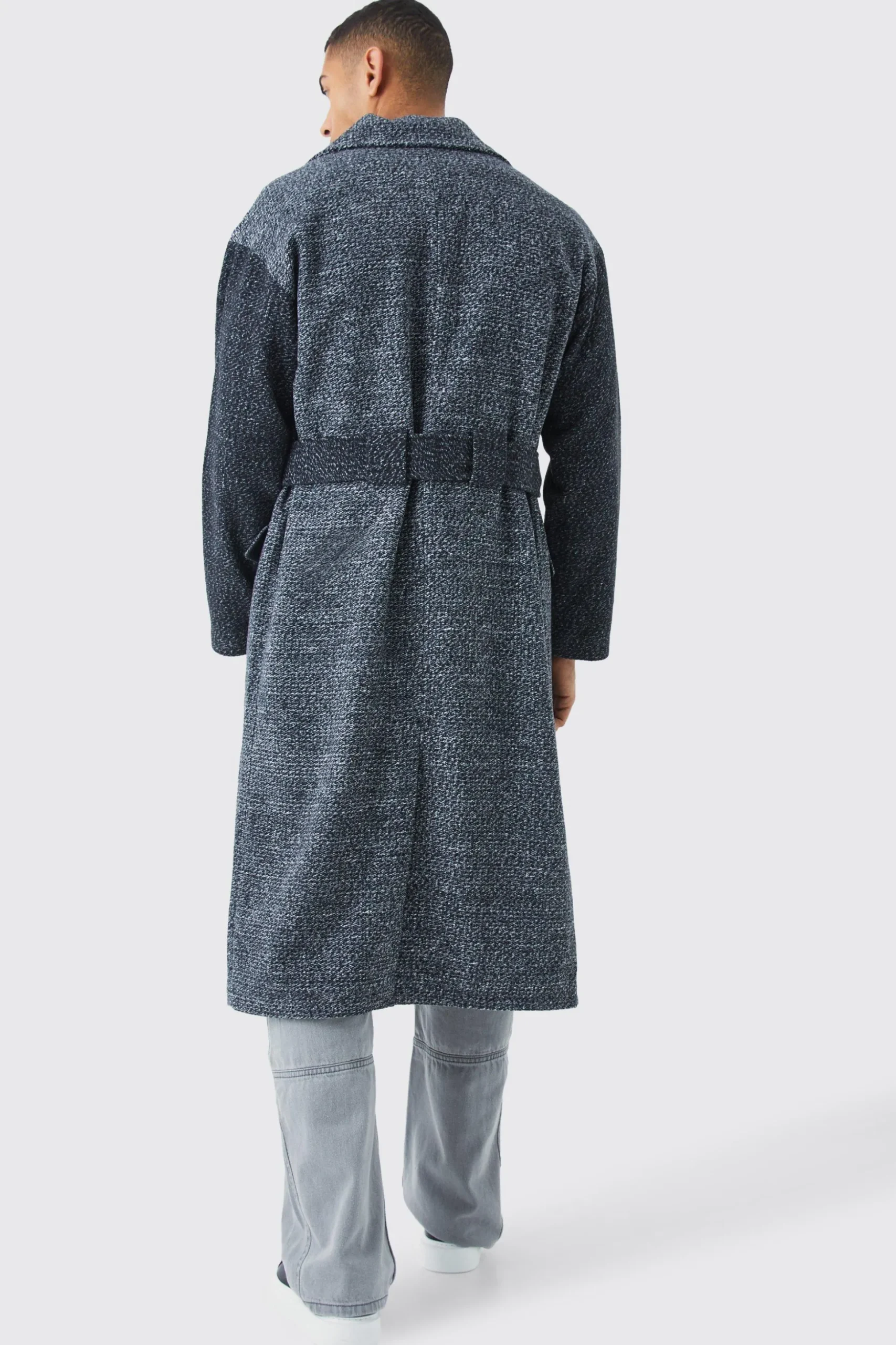 Salt & Pepper Contrast Sleeve Belted Overcoat | BoohooMAN UK