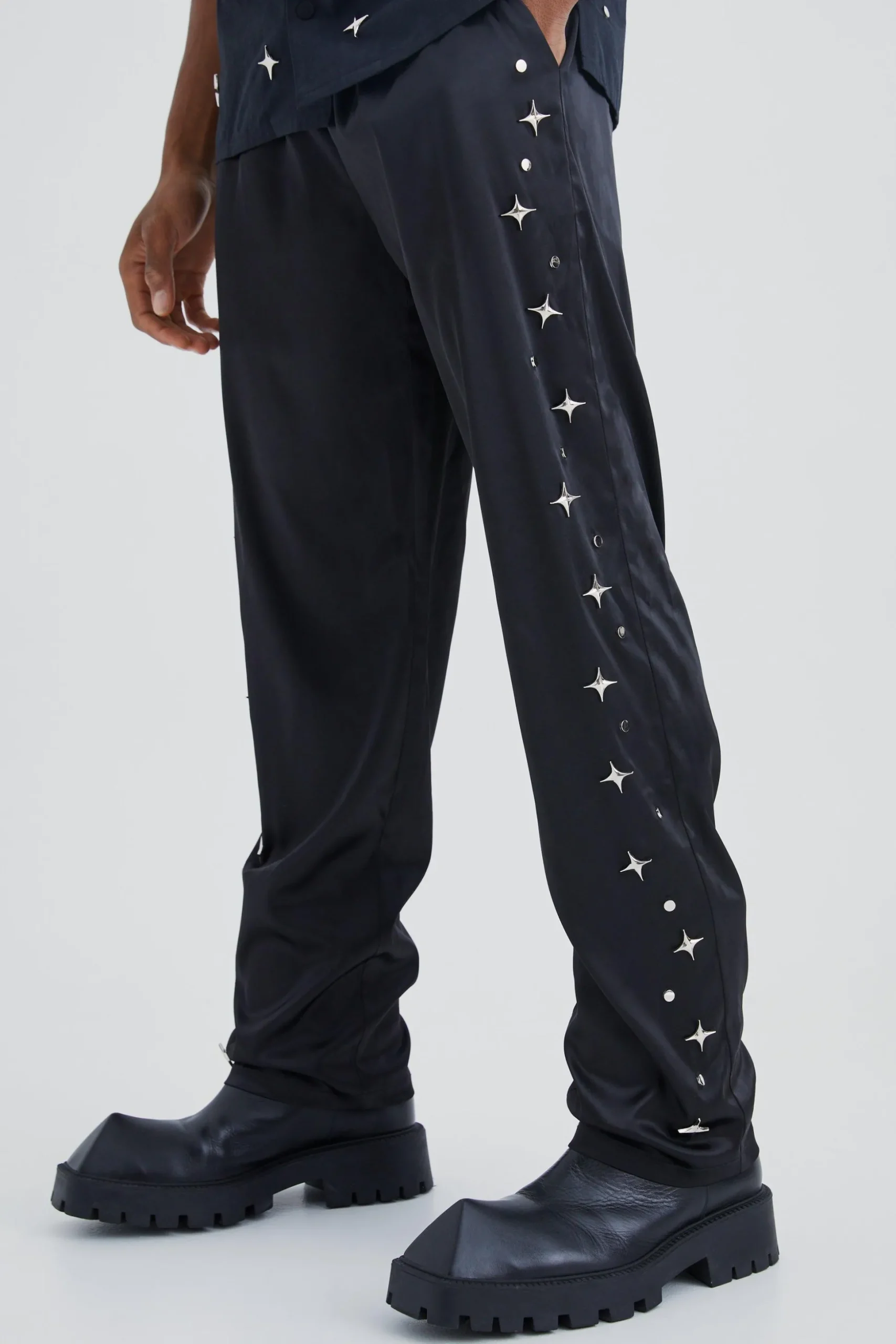 Satin Straight Leg Trouser With Embellishment | BoohooMAN UK