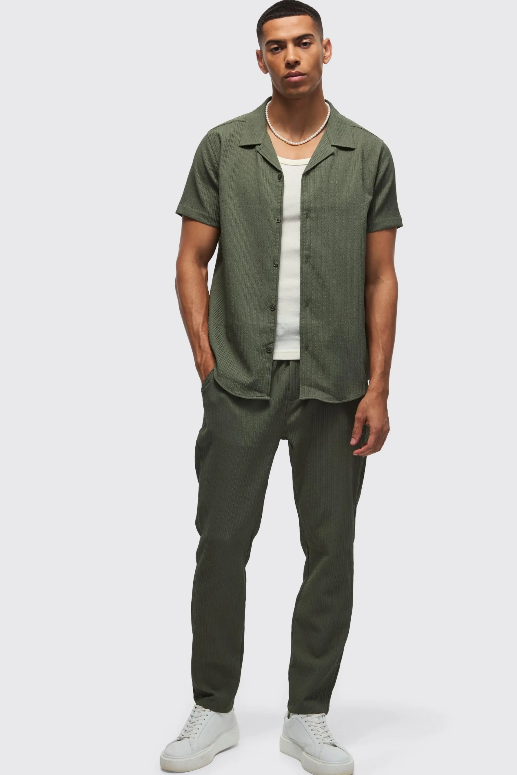 Seersucker Revere Collar Shirt & Trouser Set | BoohooMAN UK