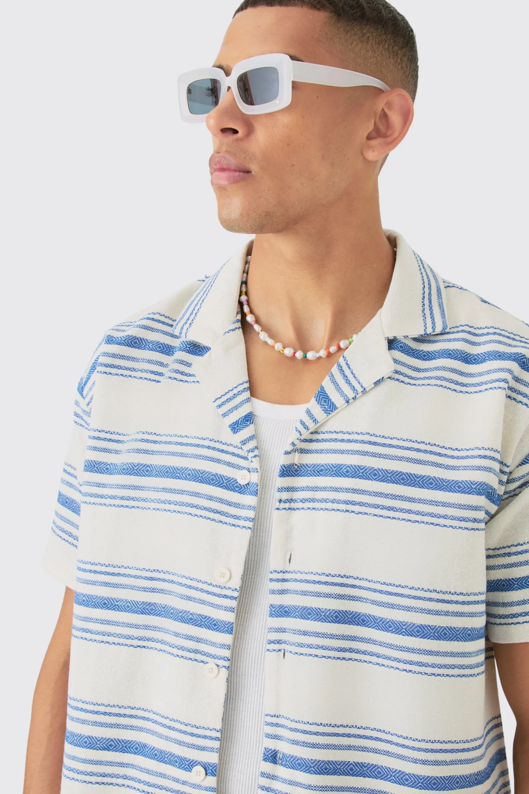 Short Sleeve Aztec Stripe Oversized Shirt & Short Set | BoohooMAN UK