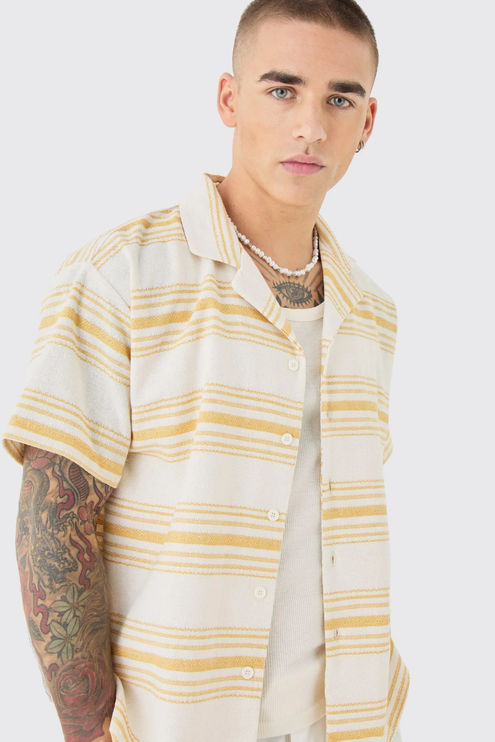 Short Sleeve Aztec Stripe Boxy Shirt | BoohooMAN UK