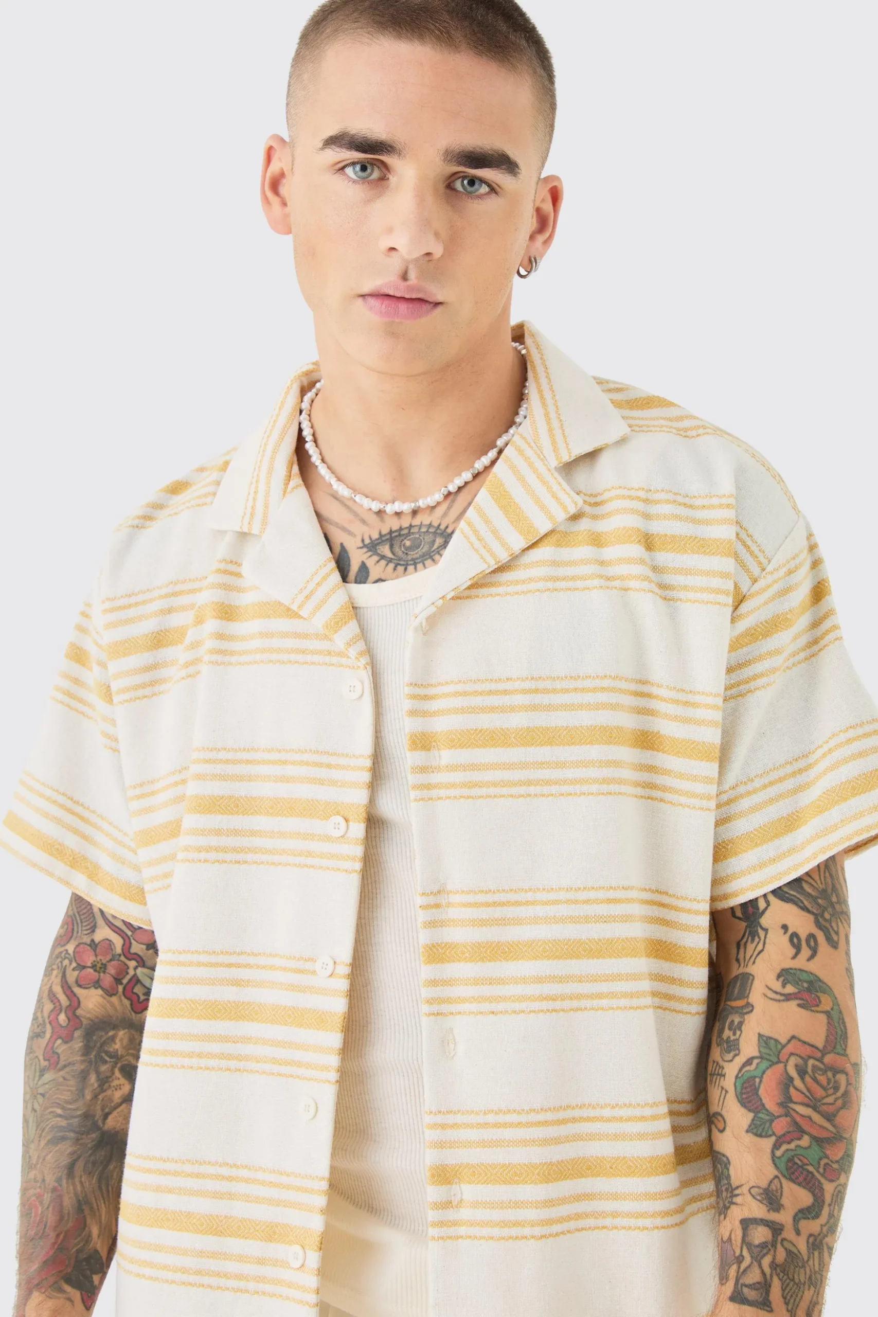 Short Sleeve Aztec Stripe Boxy Shirt | BoohooMAN UK