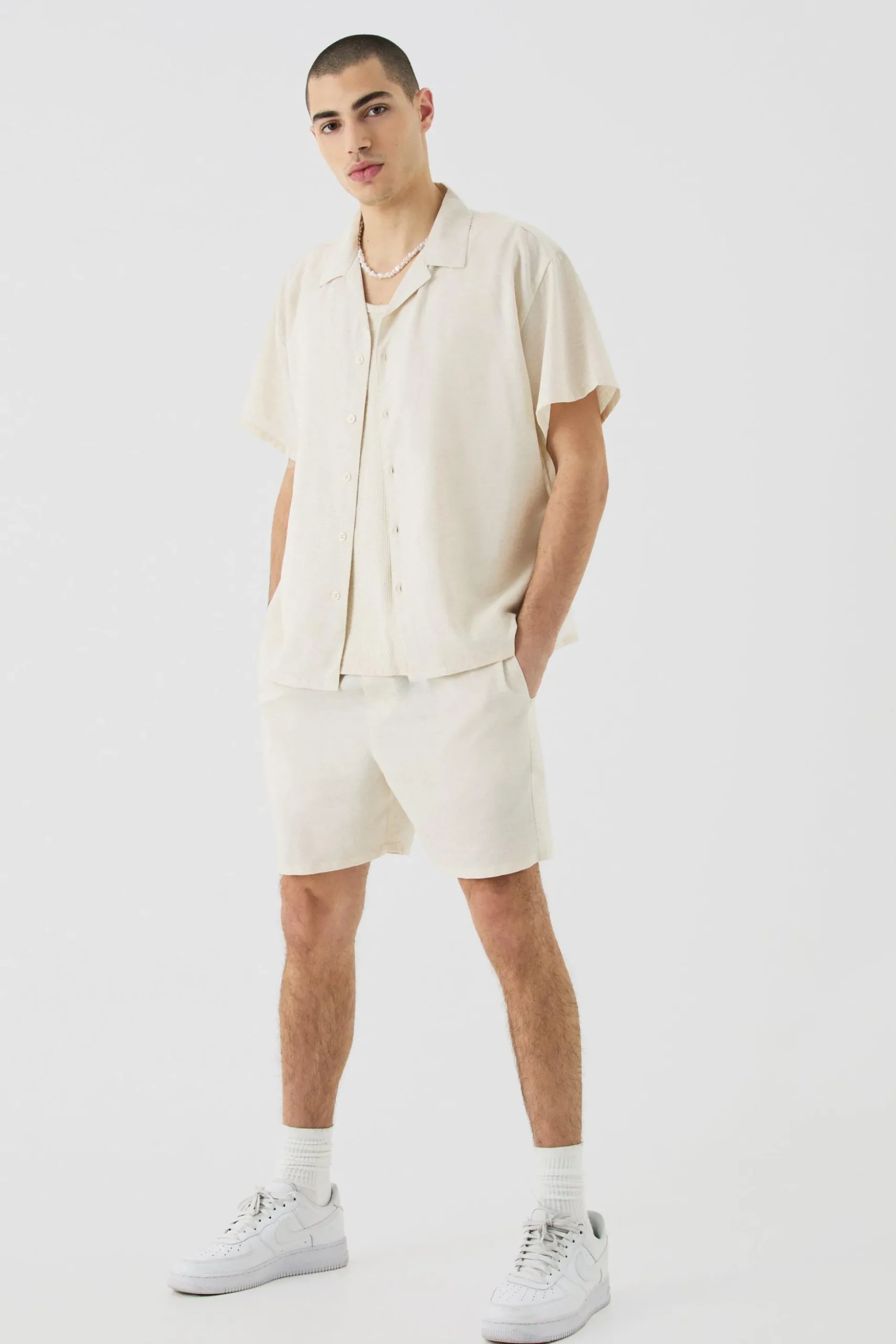 Short Sleeve Boxy Linen Shirt & Short | BoohooMAN UK