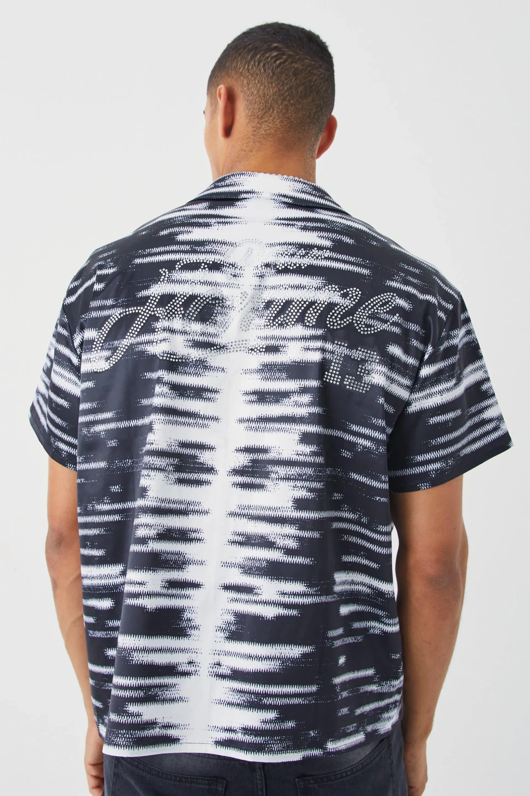 Short Sleeve Boxy Rhinestone Satin Shirt | BoohooMAN UK