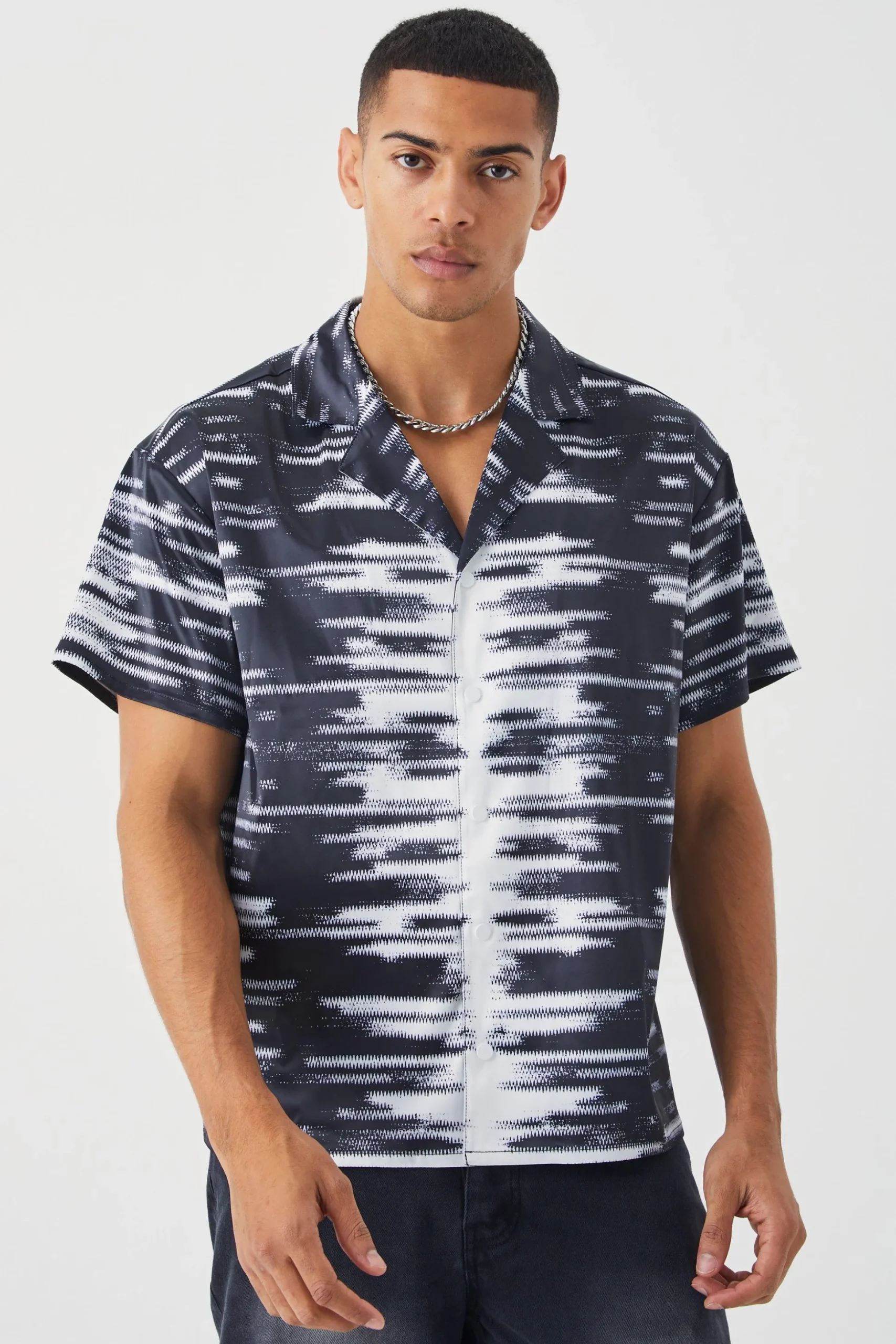 Short Sleeve Boxy Rhinestone Satin Shirt | BoohooMAN UK