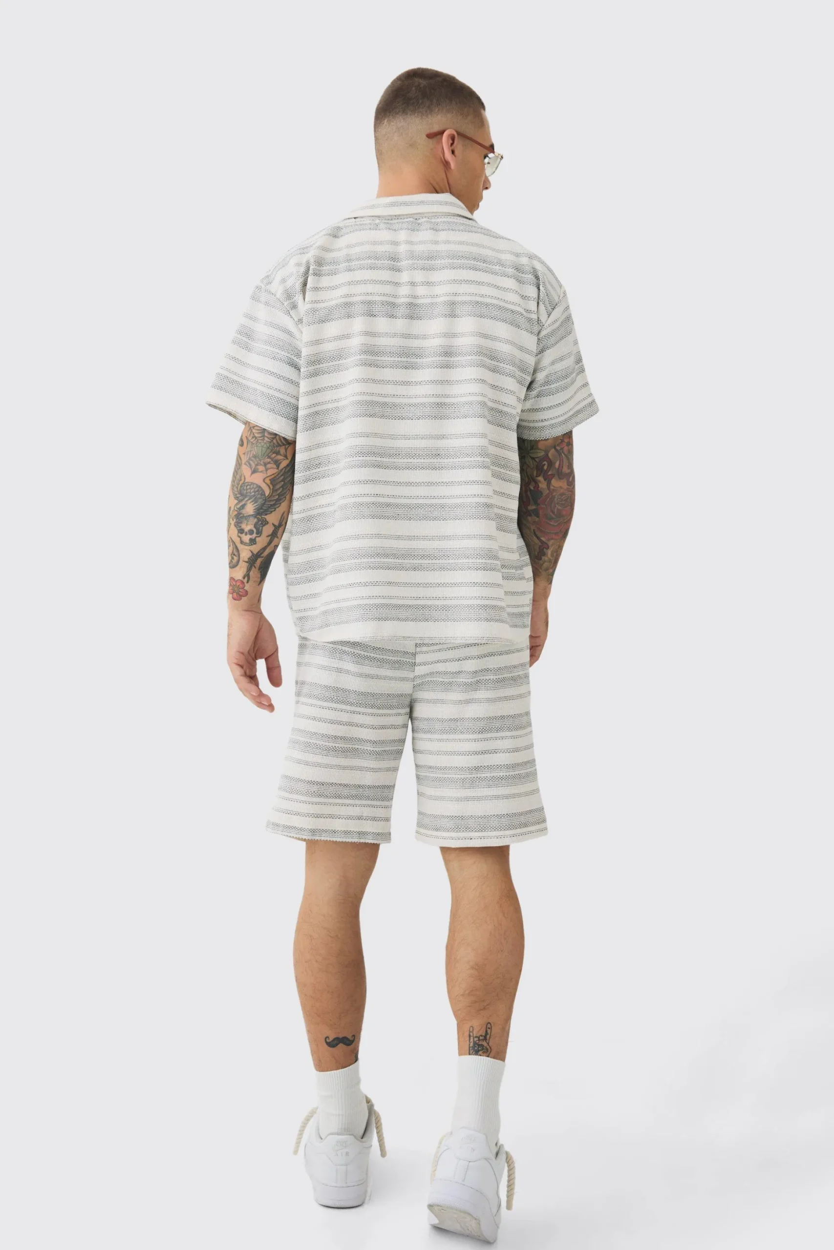 Short Sleeve Boxy Woven Stripe Shirt & Short | BoohooMAN UK
