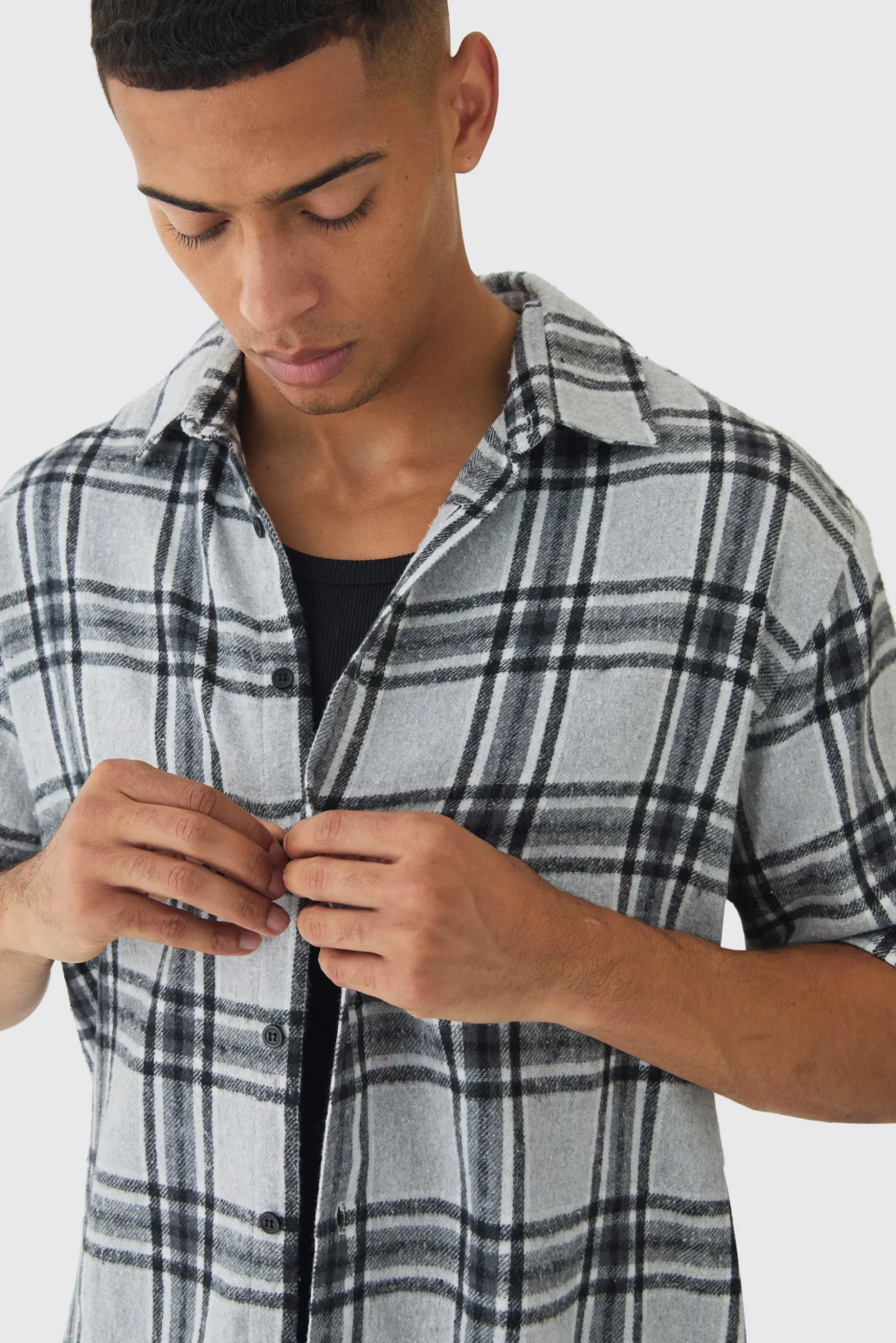 Short Sleeve Checked Oversized Shirt | BoohooMAN UK