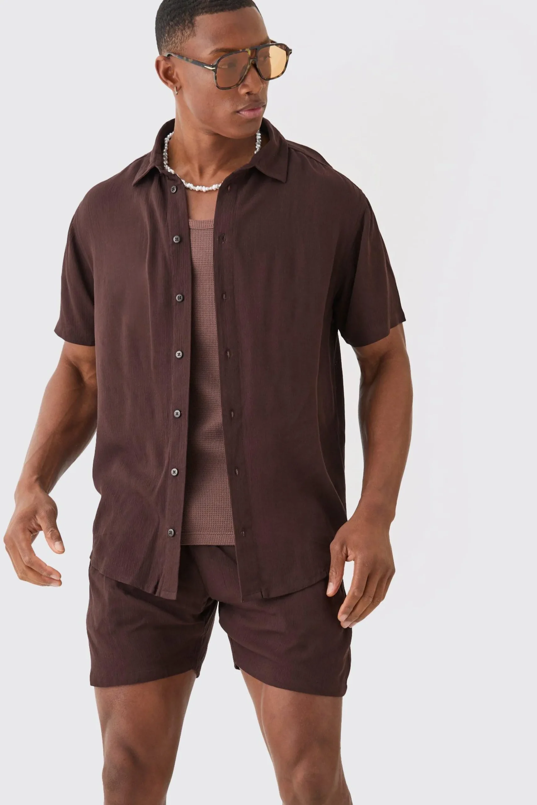 Short Sleeve Cheese Cloth Shirt And Short Set | BoohooMAN UK
