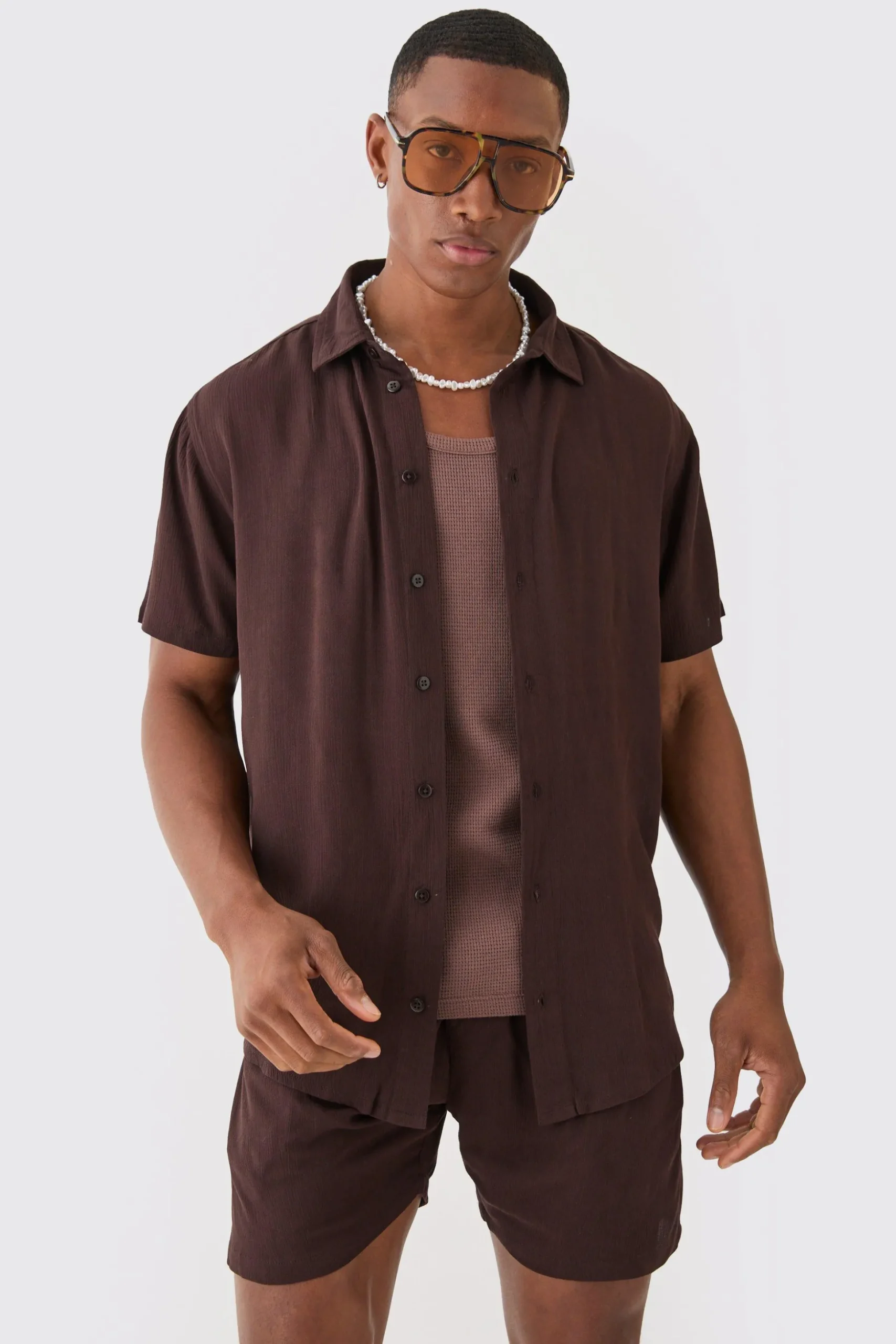 Short Sleeve Cheese Cloth Shirt And Short Set | BoohooMAN UK