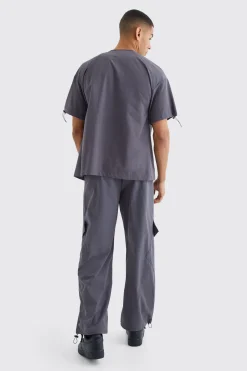 Short Sleeve Collarless Technical Zip Shirt | BoohooMAN UK
