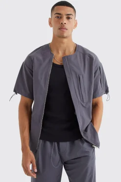 Short Sleeve Collarless Technical Zip Set | BoohooMAN UK