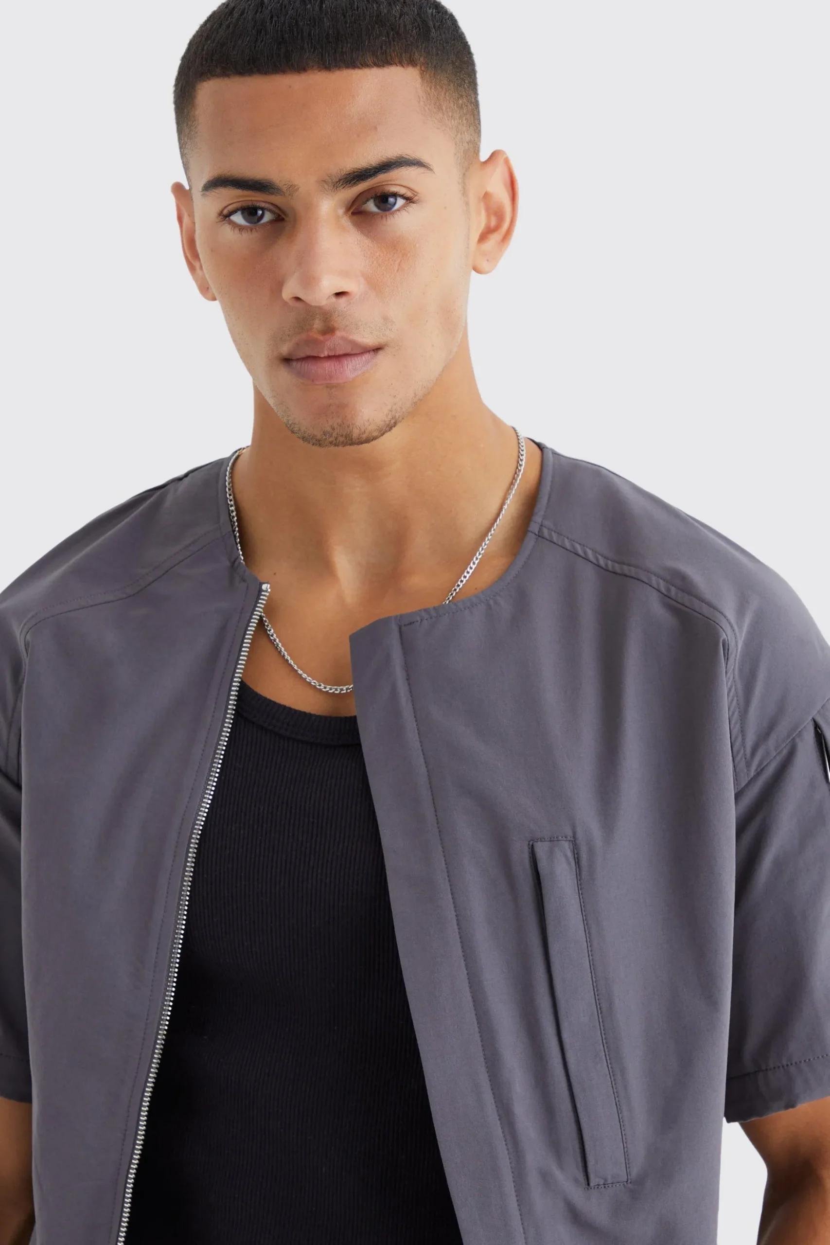 Short Sleeve Collarless Technical Zip Set | BoohooMAN UK