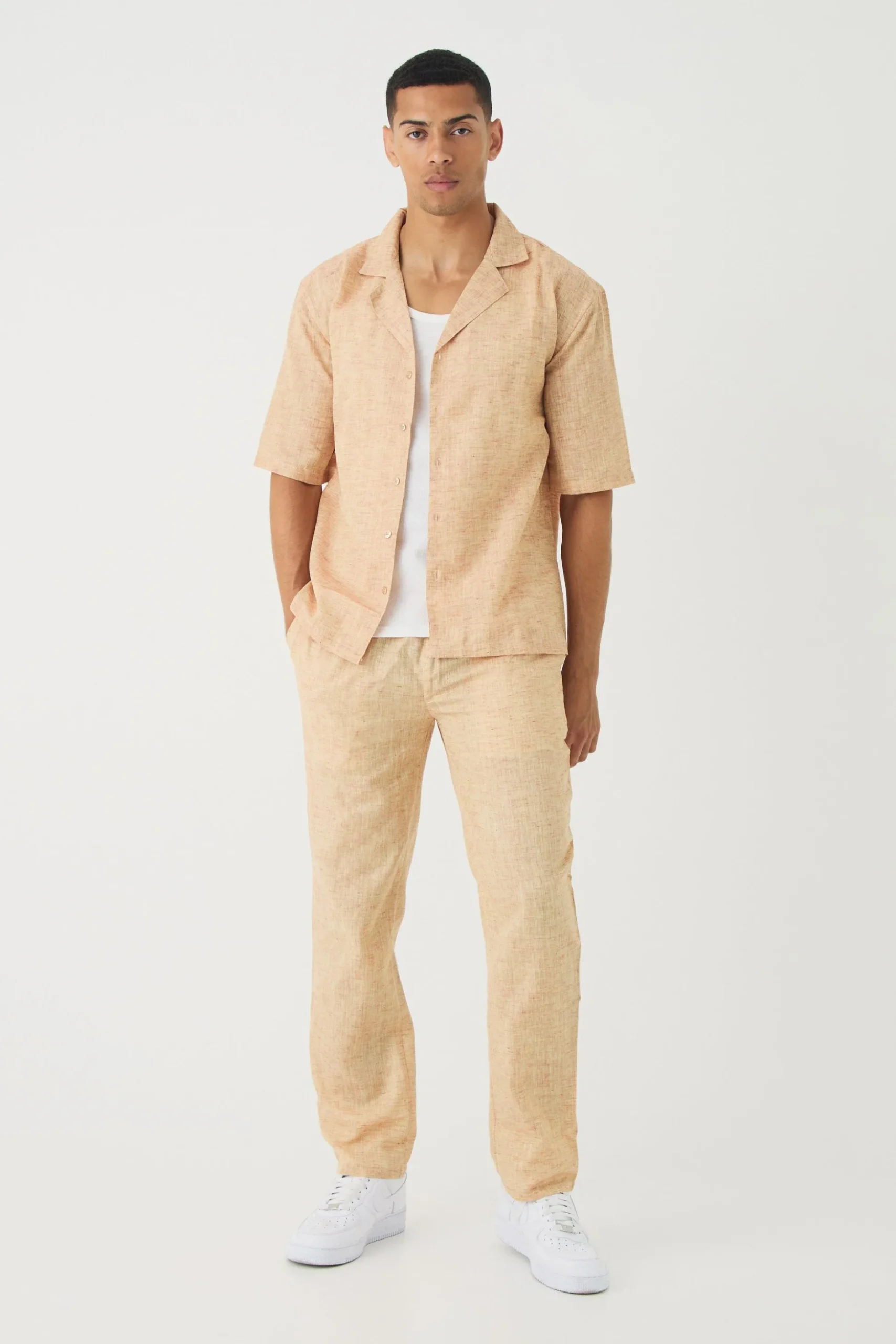 Short Sleeve Drop Linen Look Revere Shirt & Straight Trouser | BoohooMAN UK