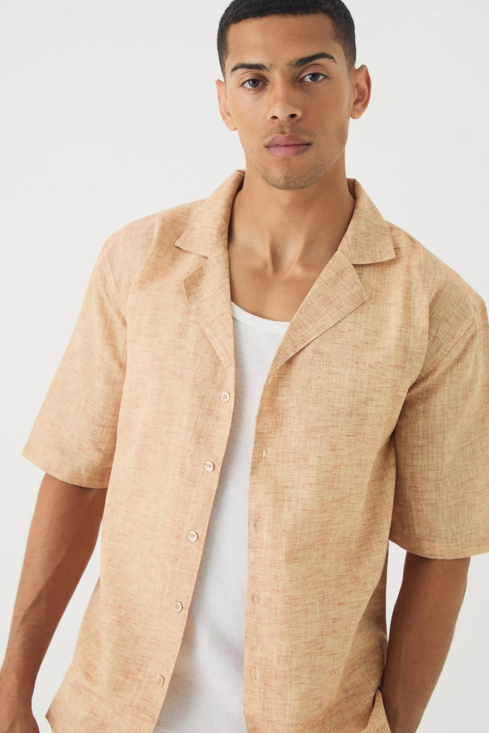Short Sleeve Drop Linen Look Revere Shirt & Straight Trouser | BoohooMAN UK