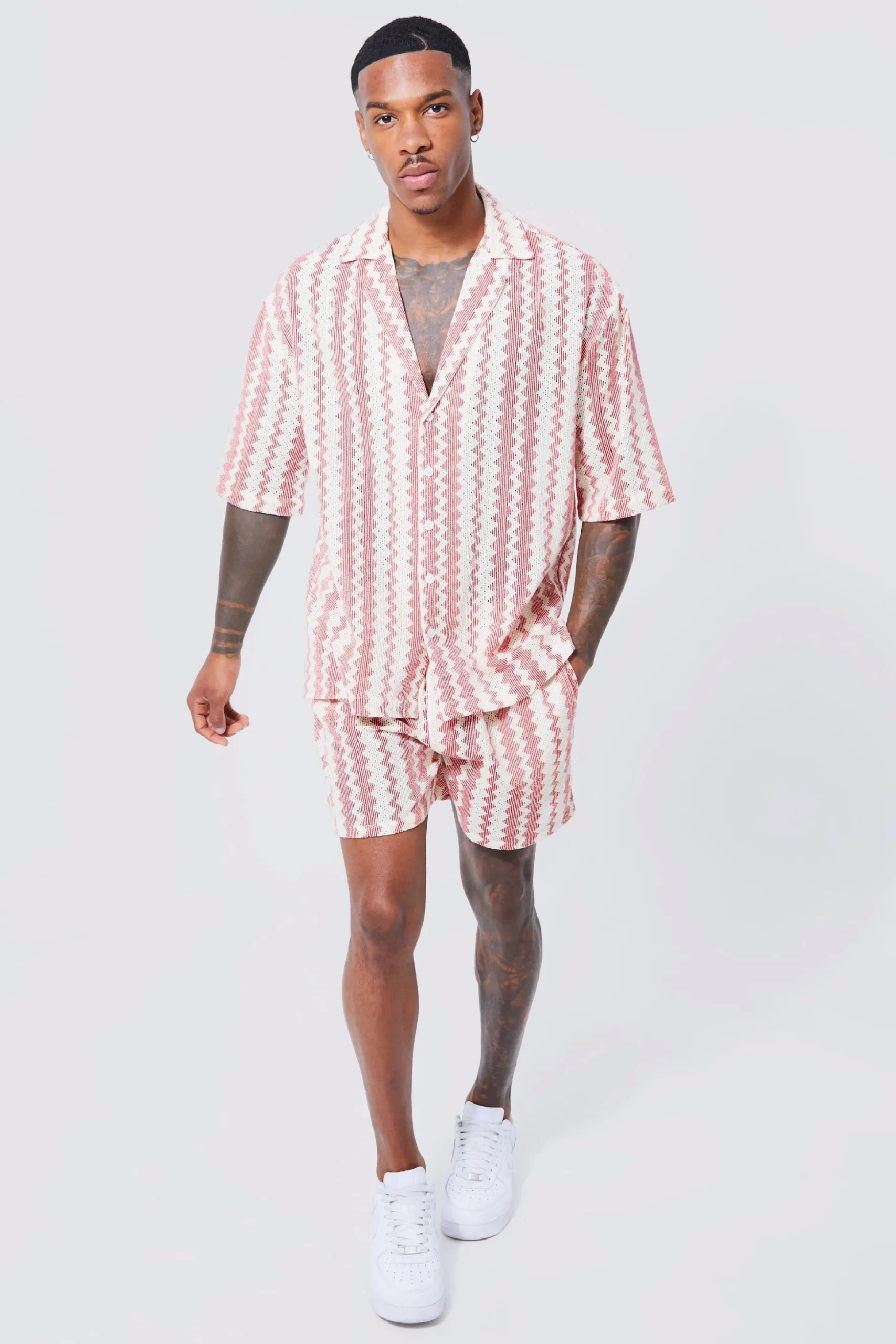 Short Sleeve Drop Revere Zig Zag Open Weave Shirt And Short | BoohooMAN UK