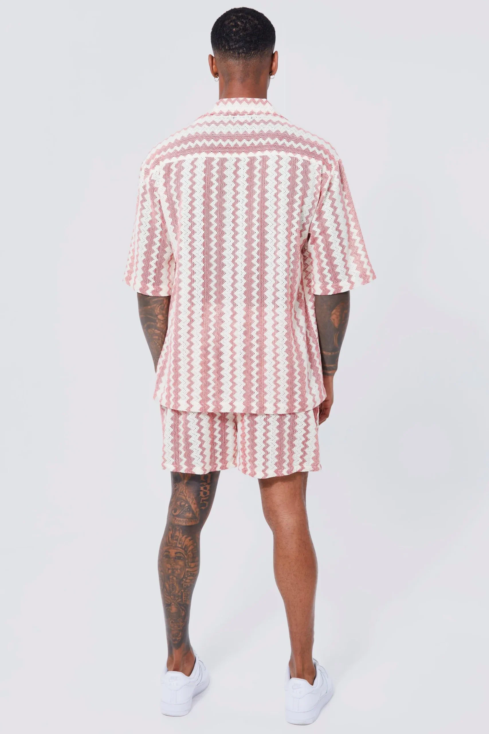Short Sleeve Drop Revere Zig Zag Open Weave Shirt And Short | BoohooMAN UK