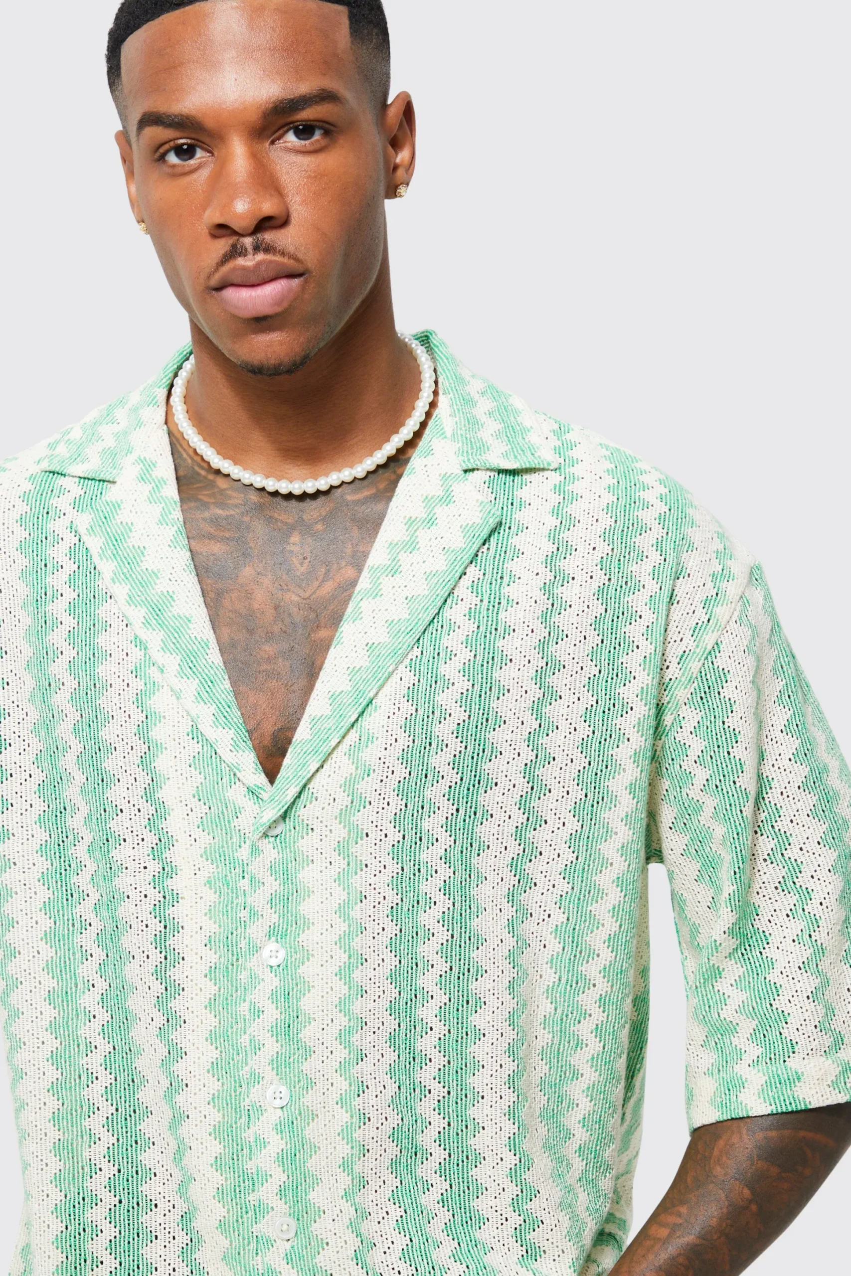 Short Sleeve Drop Revere Zig Zag Open Weave Shirt | BoohooMAN UK