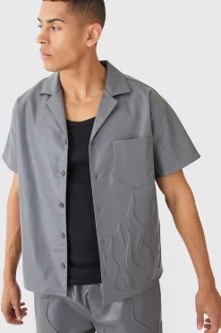 Short Sleeve Drop Revere Boxy Pu Embossed Shirt | BoohooMAN UK