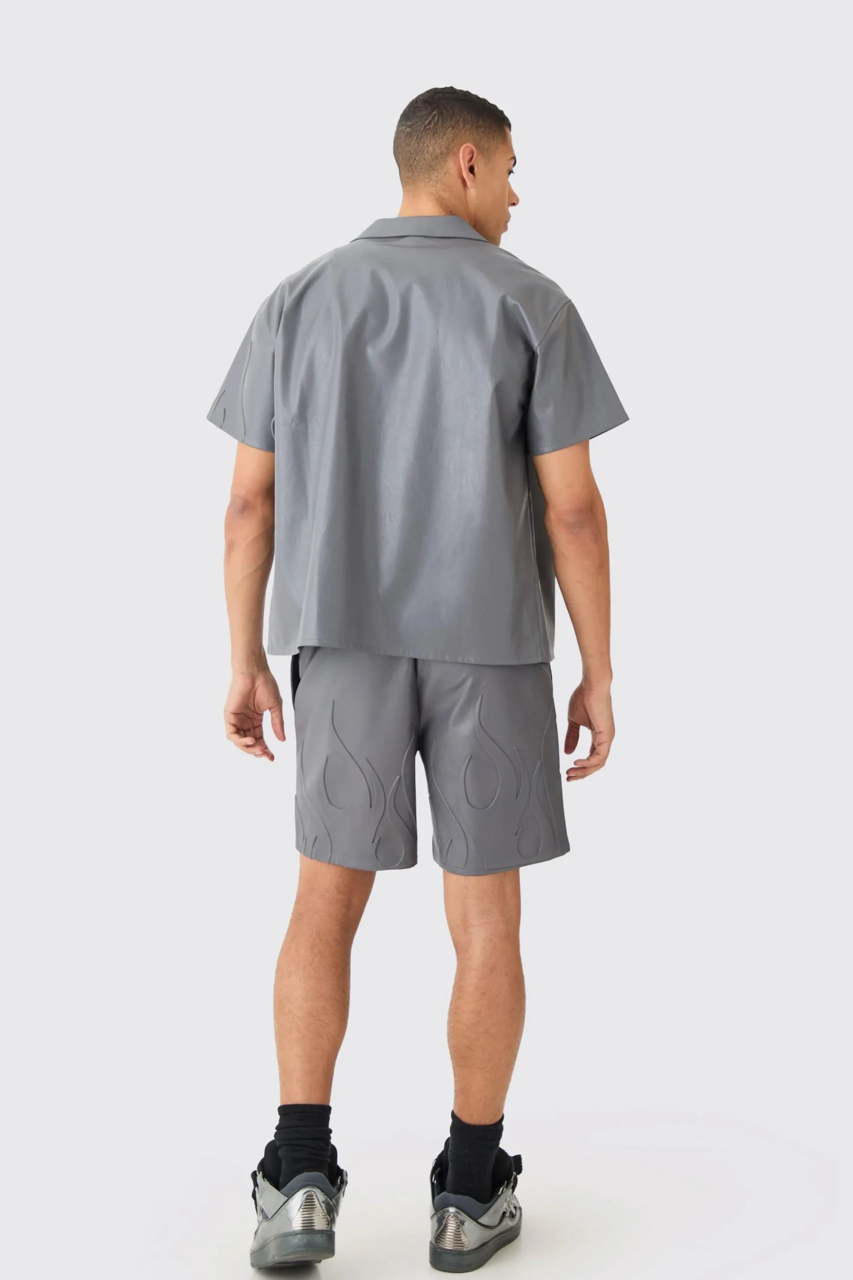 Short Sleeve Drop Revere Boxy Pu Embossed Shirt | BoohooMAN UK