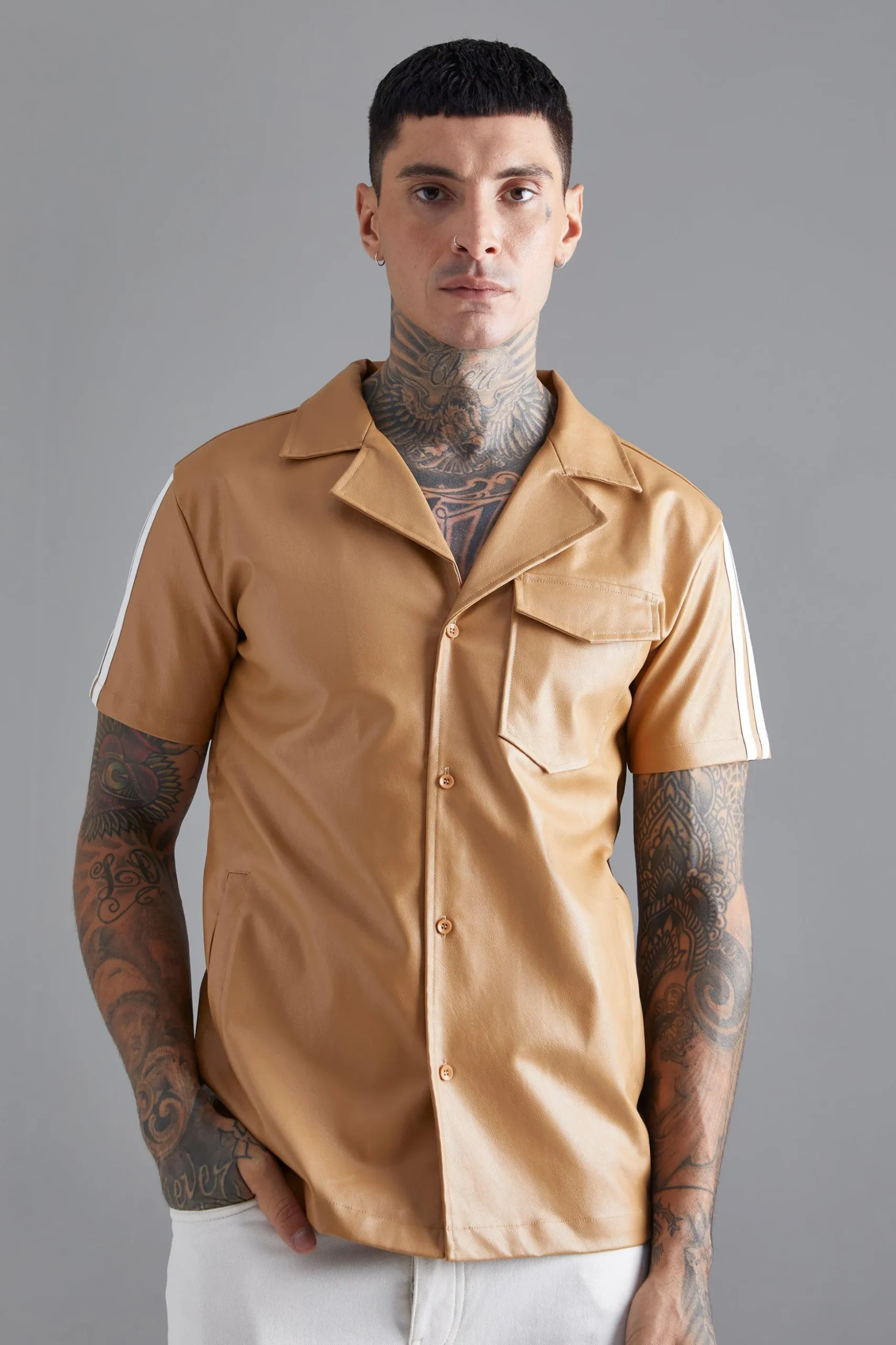 Short Sleeve Dropped Revere Tape Detail Shirt | BoohooMAN UK