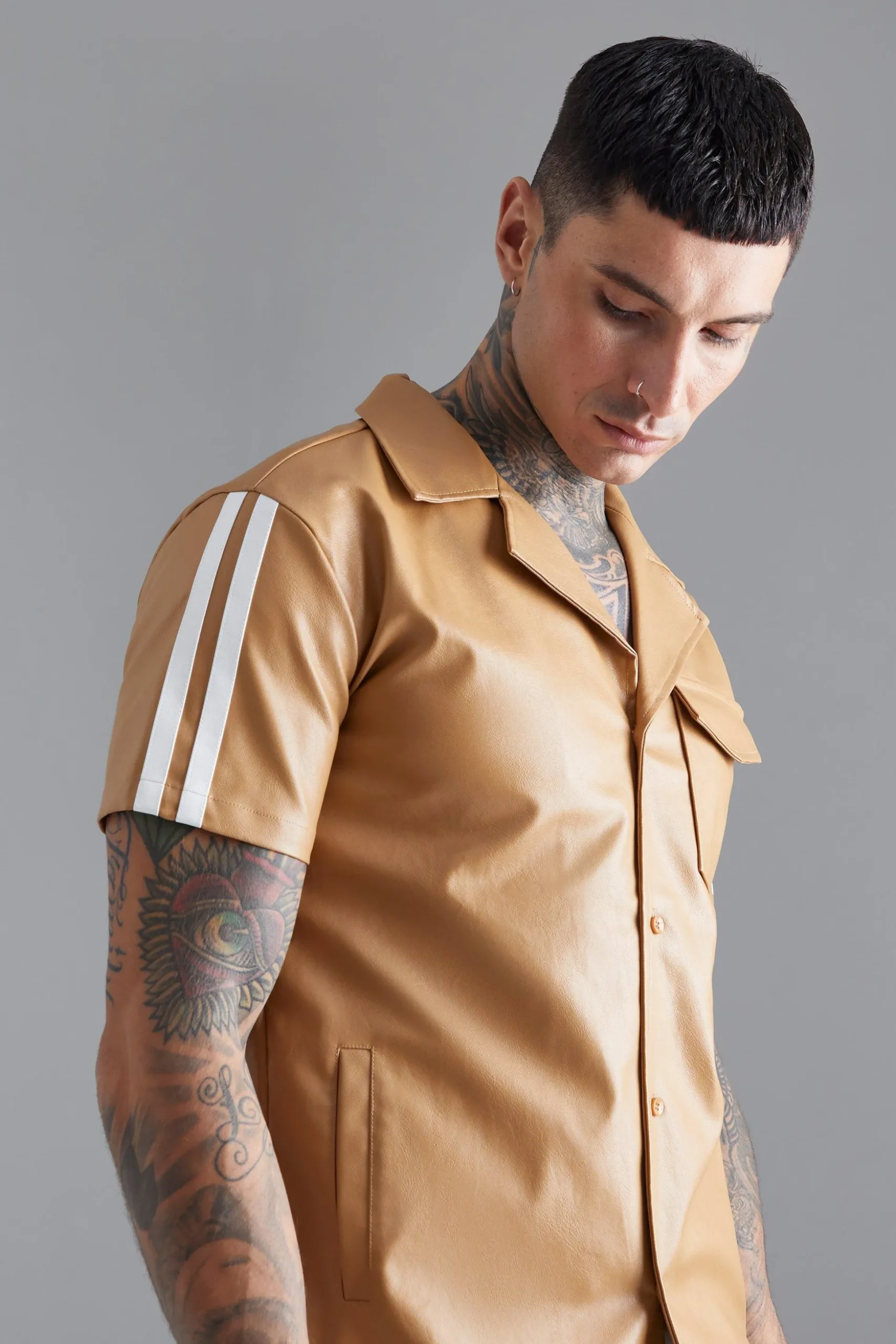 Short Sleeve Dropped Revere Tape Detail Shirt | BoohooMAN UK