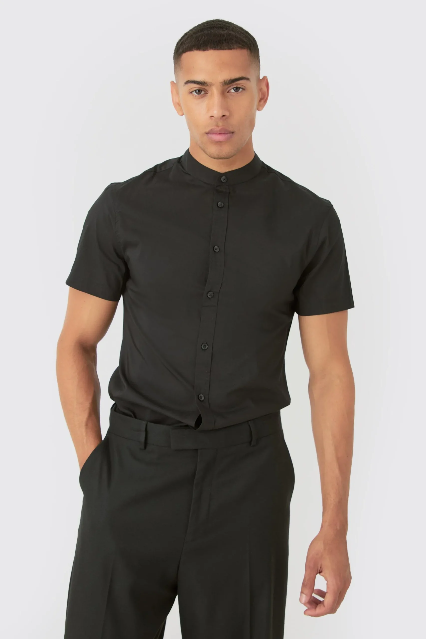 Short Sleeve Grandad Collar Slim Fit Shirt | BoohooMAN UK