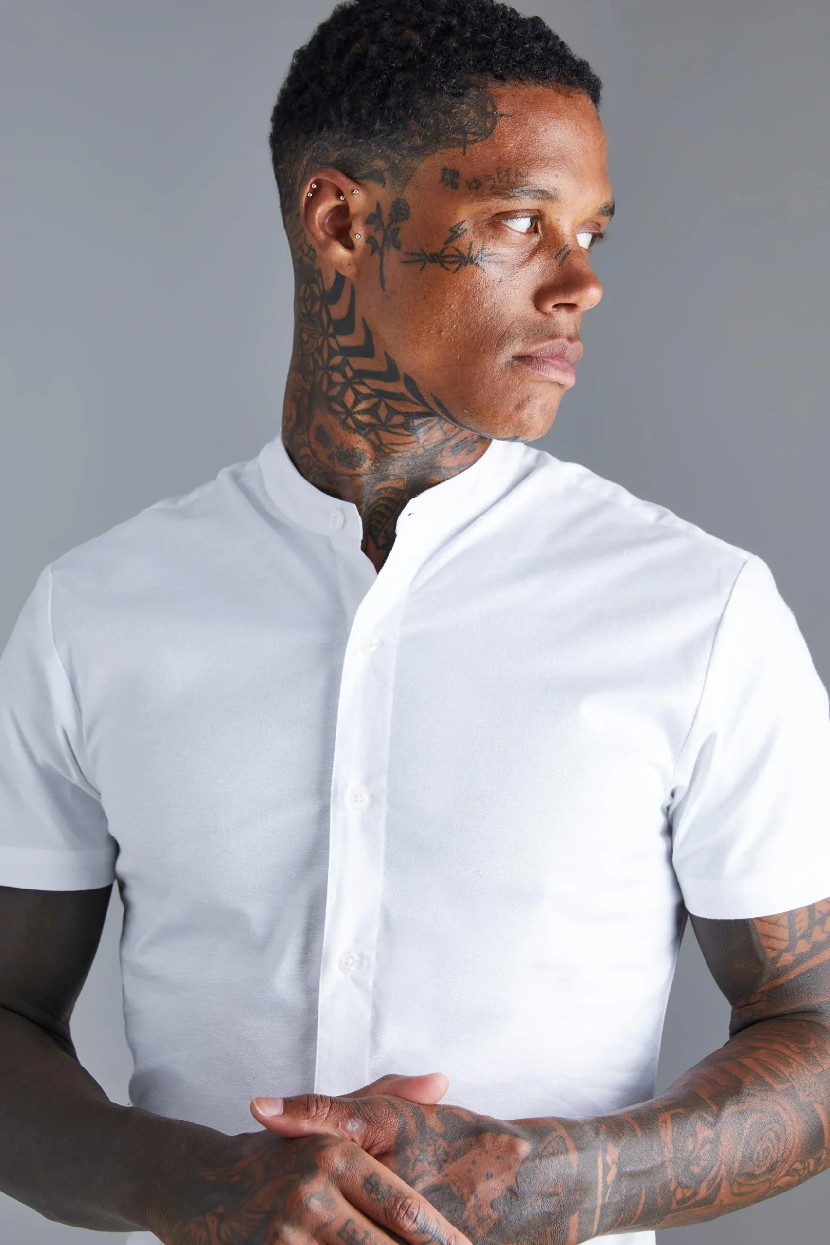 Short Sleeve Grandad Stretch Fit Shirt | BoohooMAN UK