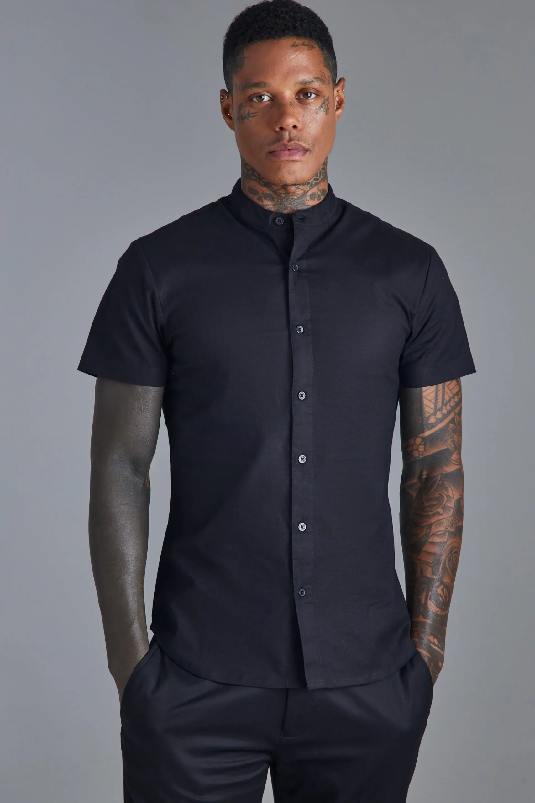 Short Sleeve Grandad Stretch Fit Shirt | BoohooMAN UK
