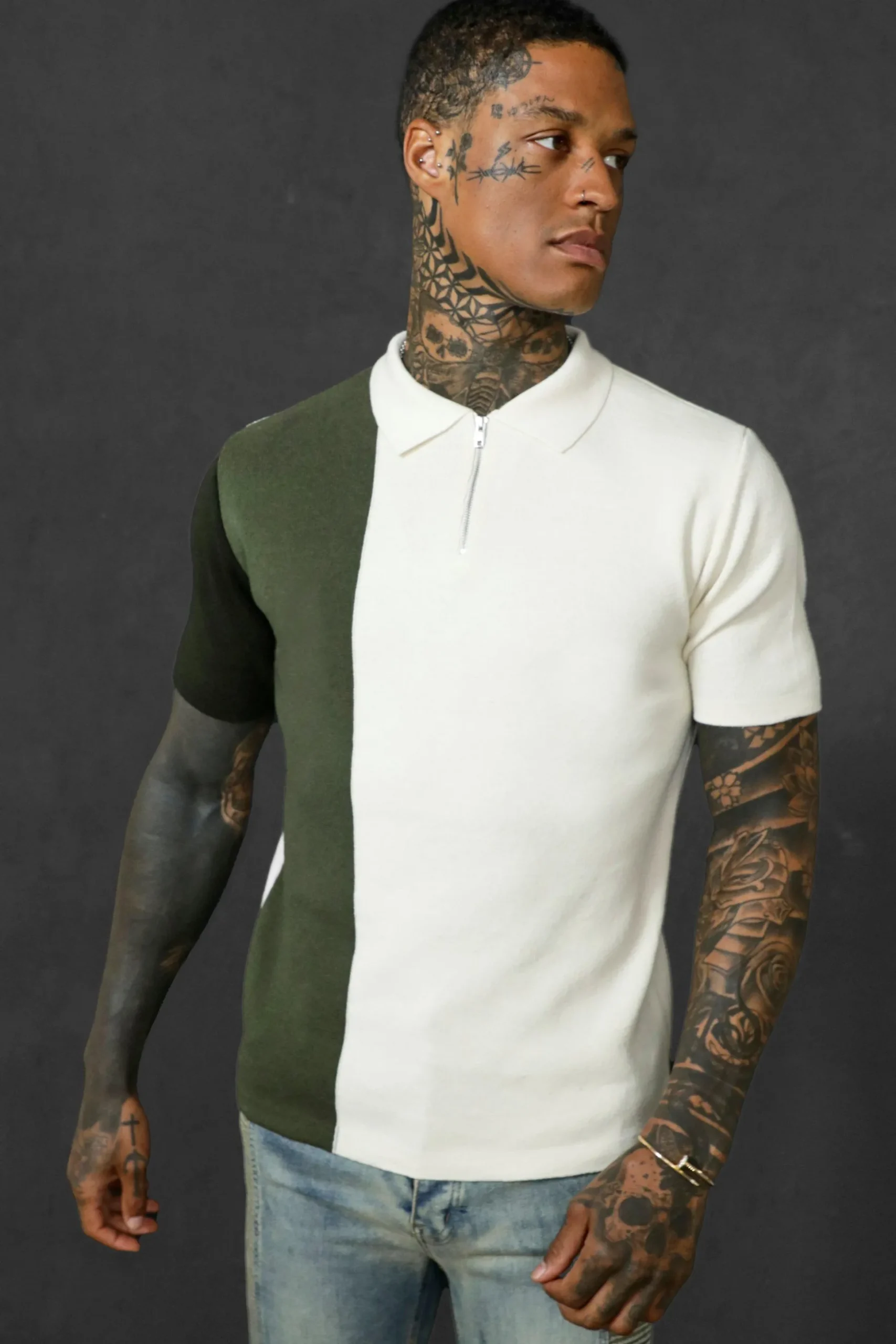 Short Sleeve Half Zip Colour Block Knit Polo | BoohooMAN UK
