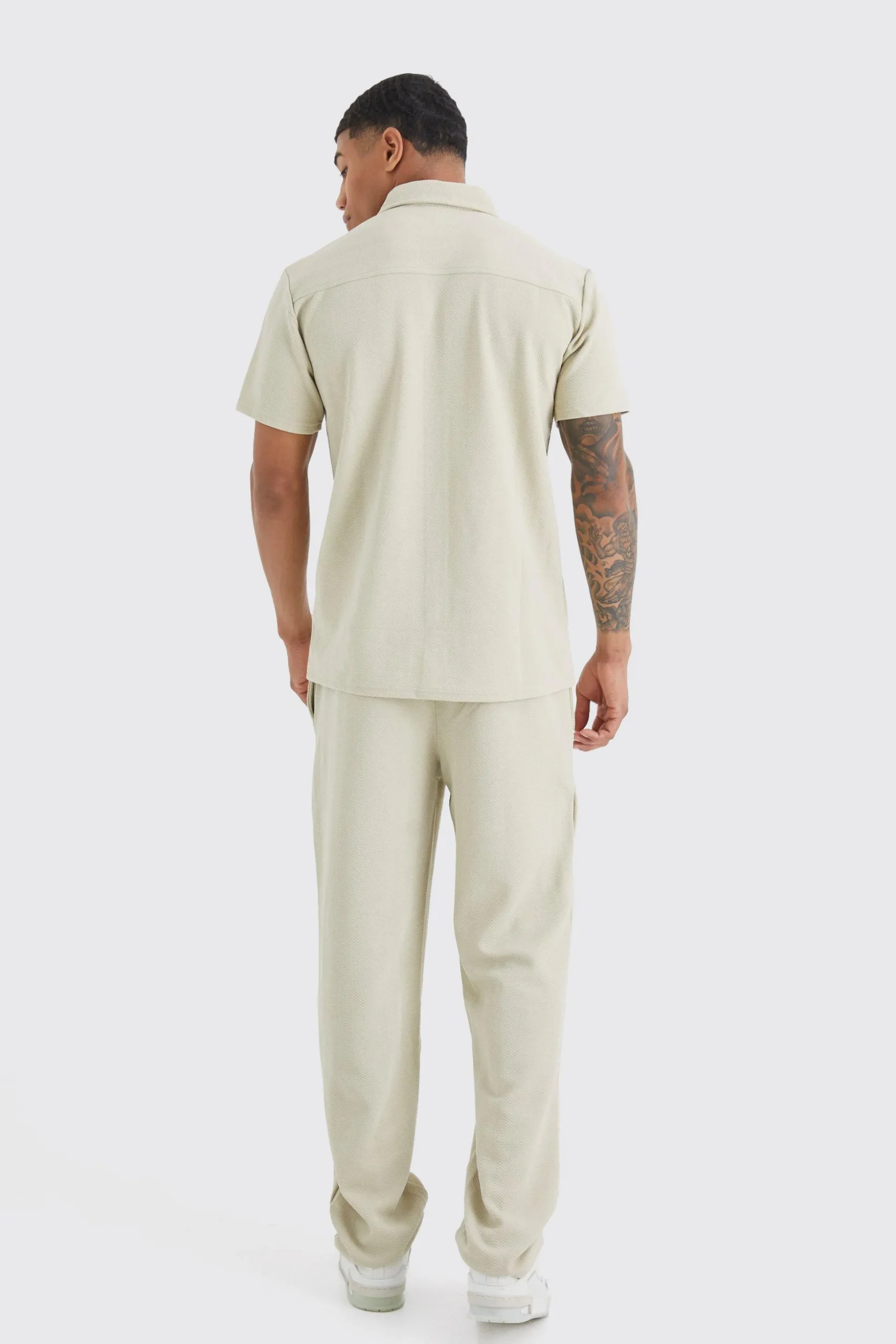 Short Sleeve Jersey Herringbone Shirt And Trouser Set | BoohooMAN UK