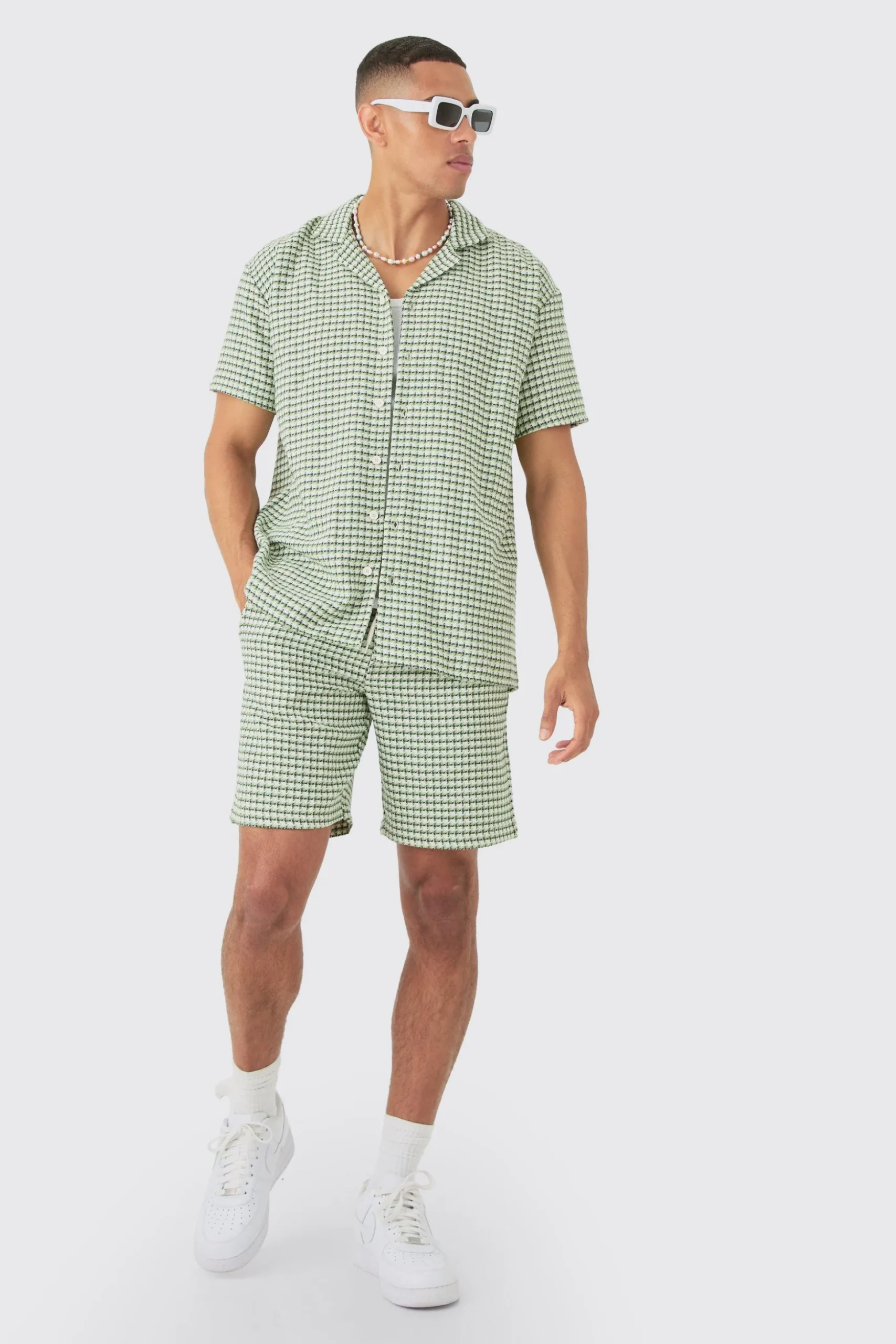 Short Sleeve Mini Houndstooth Oversized Shirt & Short Set | BoohooMAN UK