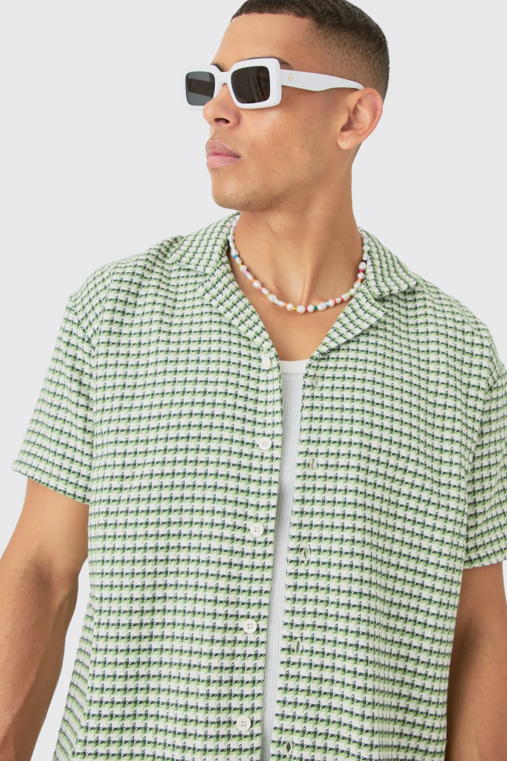Short Sleeve Mini Houndstooth Oversized Shirt & Short Set | BoohooMAN UK