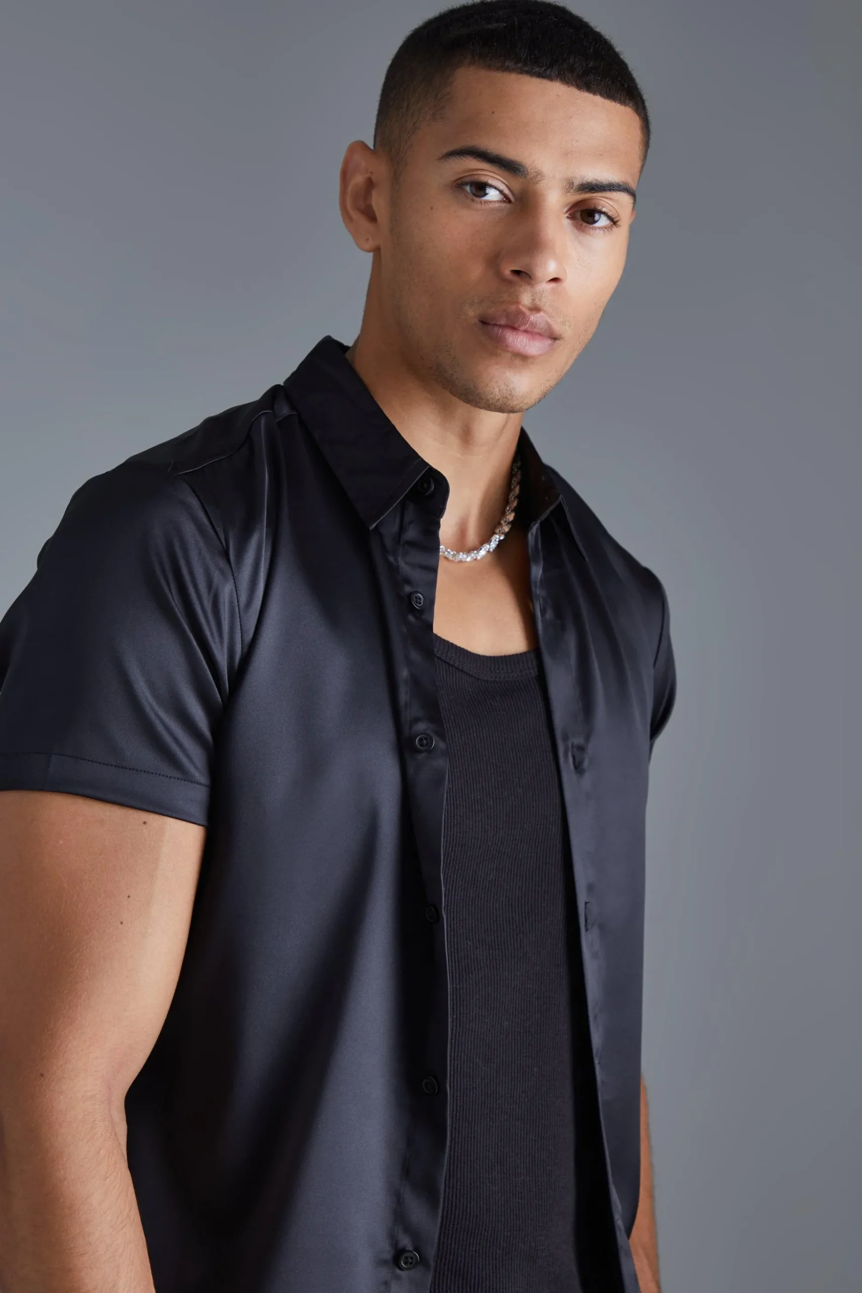 Short Sleeve Muscle Fit Stretch Satin Shirt | BoohooMAN UK