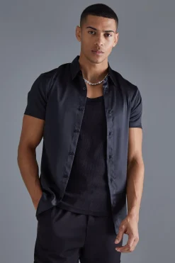 Short Sleeve Muscle Satin Shirt | BoohooMAN UK