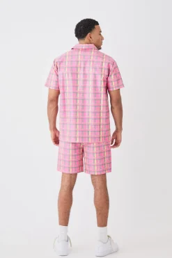 Short Sleeve Oversized Check Pu Shirt Set | BoohooMAN UK