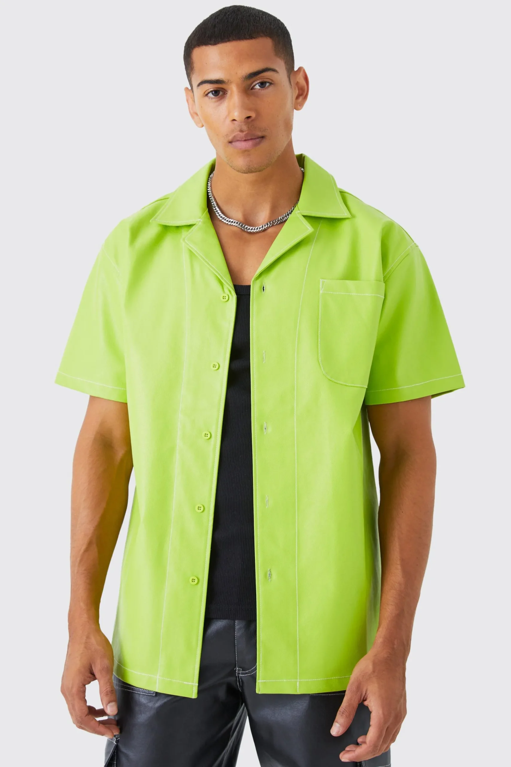 Short Sleeve Oversized Contrast Stitch Pu Shirt | BoohooMAN UK